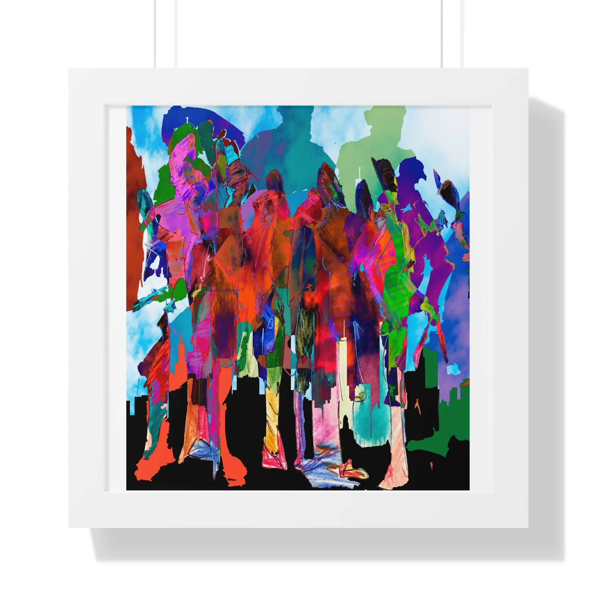 Mixed media digital artwork of colorful overlapping human figures standing above a black city skyline, rendered in vivid red, pink, teal, blue, green, and purple against a pale sky.