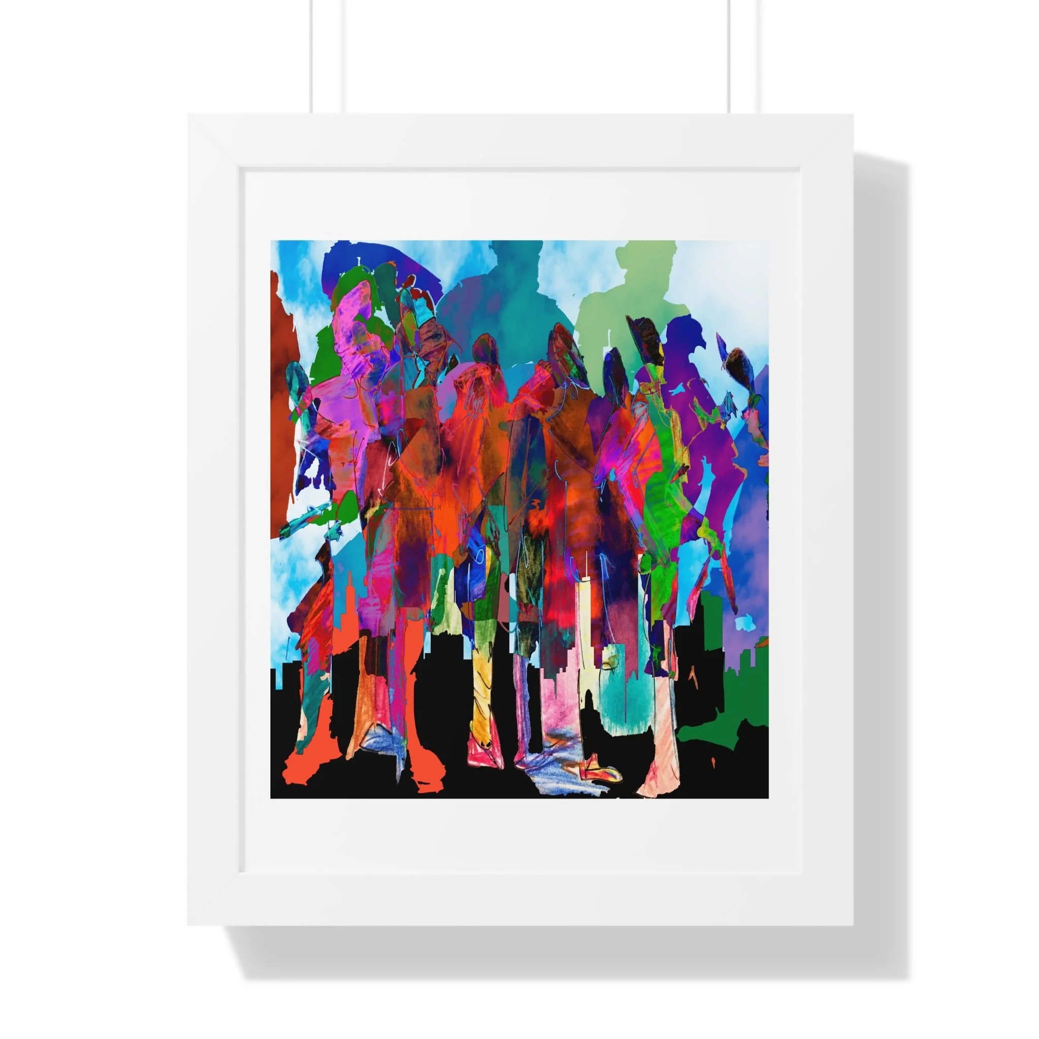 Mixed media digital artwork of colorful overlapping human figures standing above a black city skyline, rendered in vivid red, pink, teal, blue, green, and purple against a pale sky.