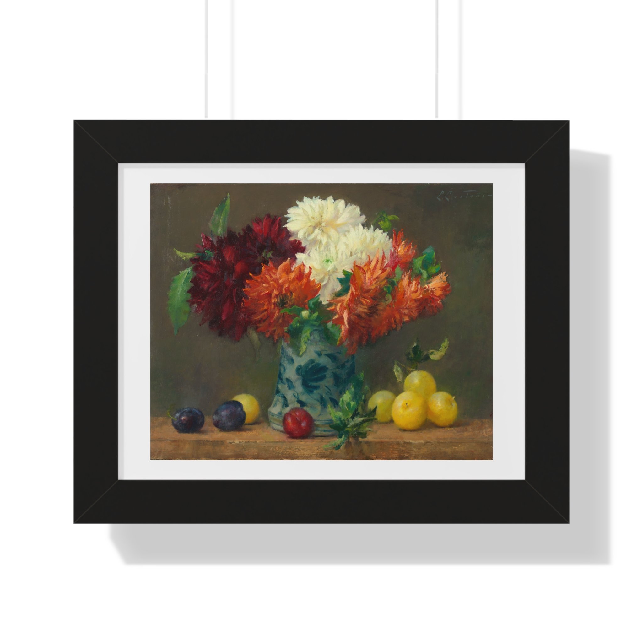 Fine art print of white, red, and arizarine crimson Dahlias in a blue vase with lemons and plums on the table.