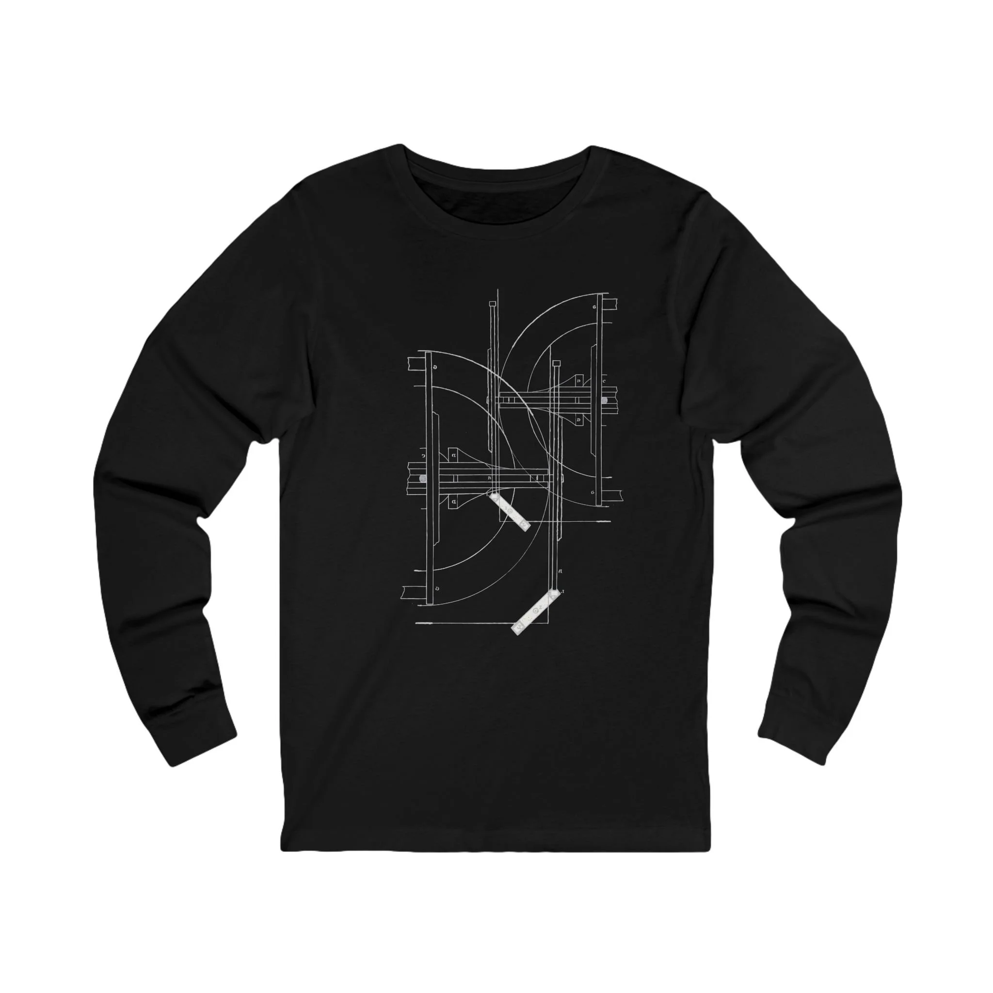 Black long sleeve t-shirt with minimalist geometric arthitectural design on center