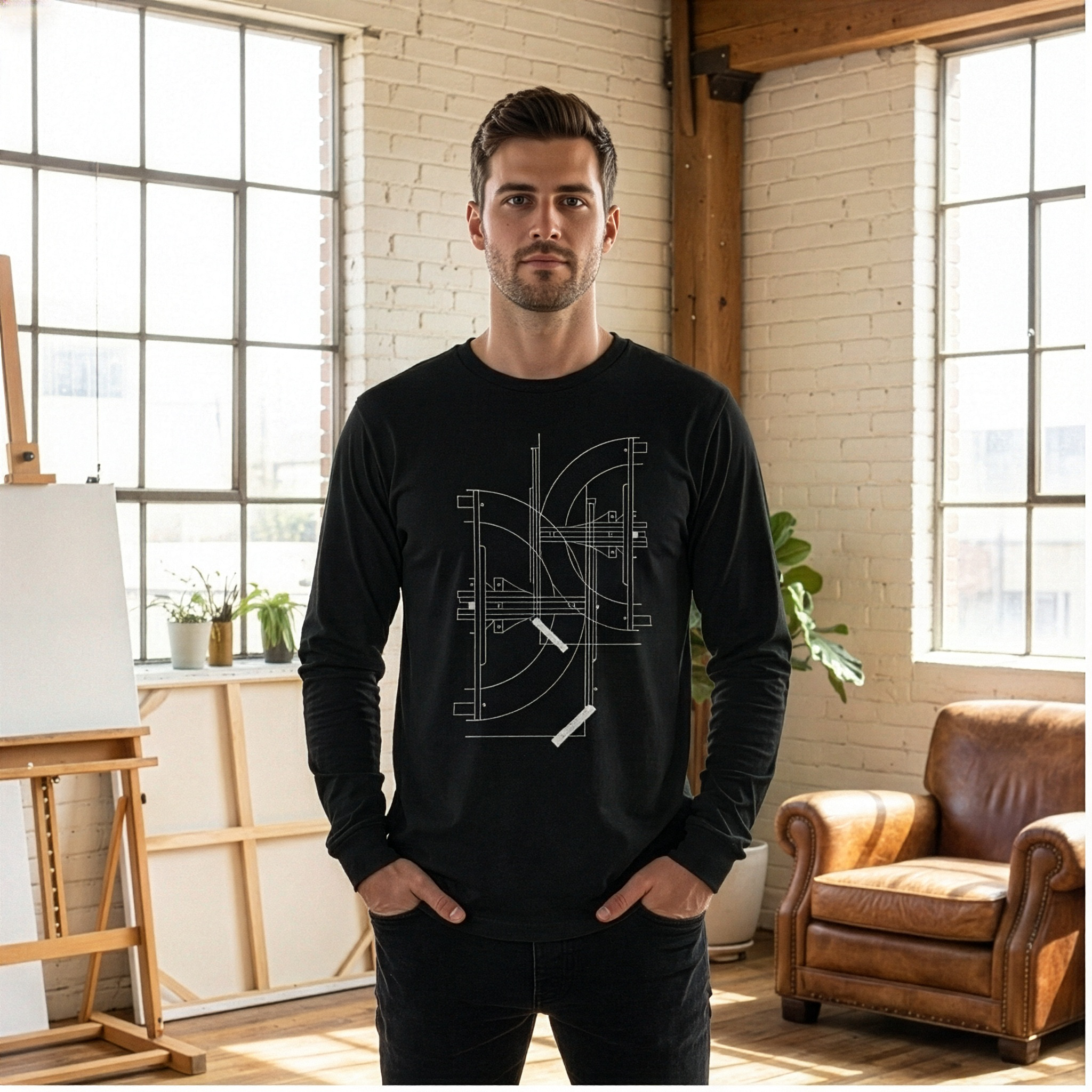 Male model wearing black long sleeve t-shirt with minimalist geometric arthitectural design on center