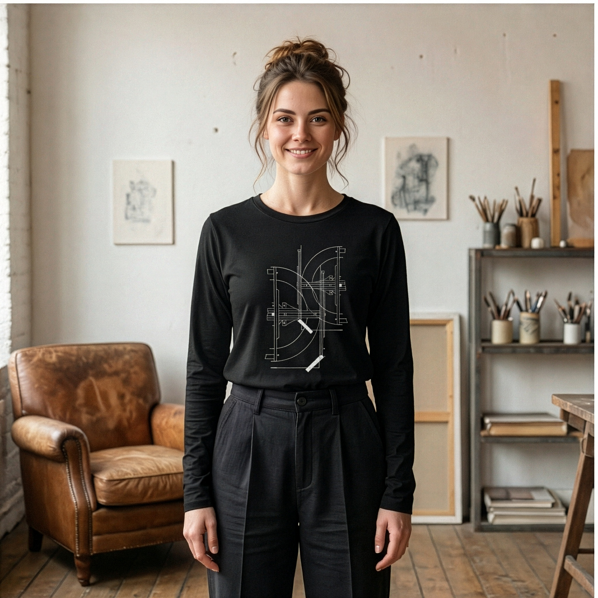 Female model wearing black long sleeve t-shirt with minimalist geometric arthitectural design on center