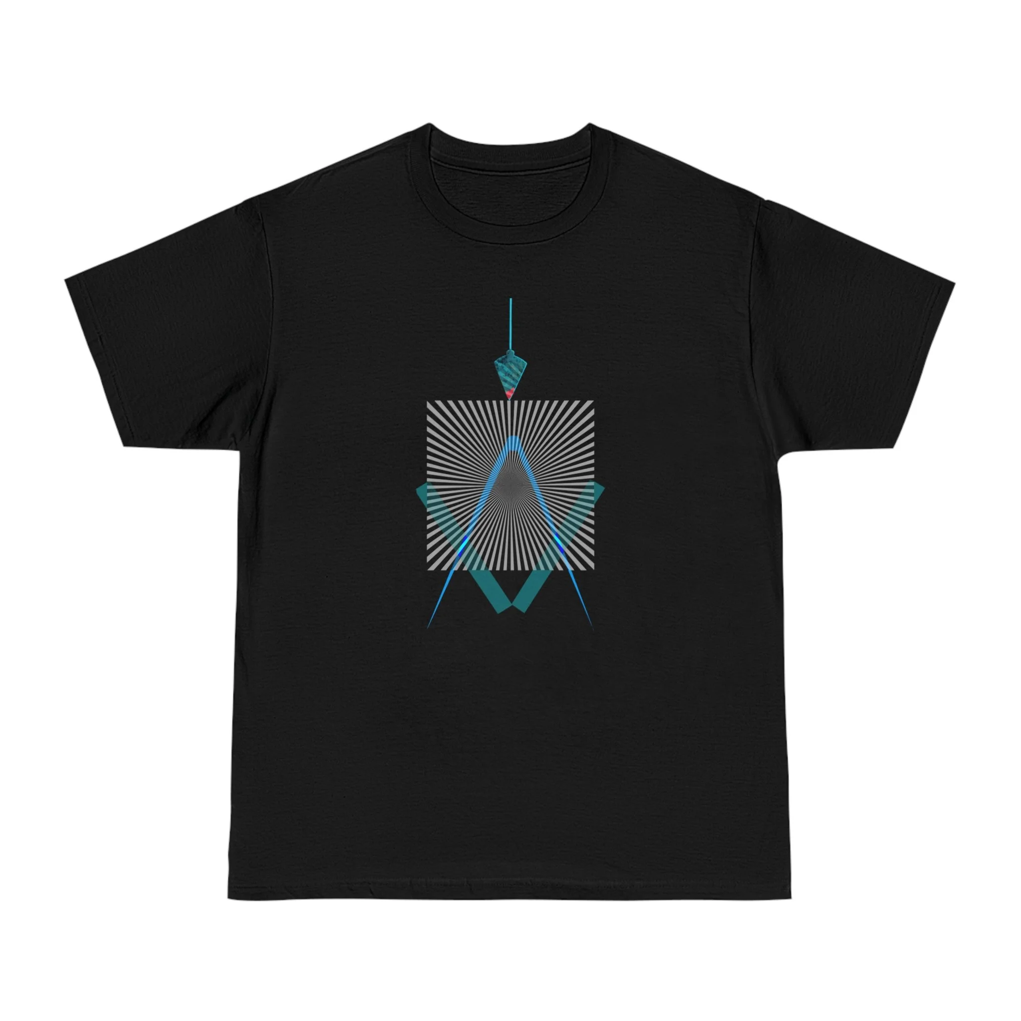 High-resolution geometric line art on black t-shirt