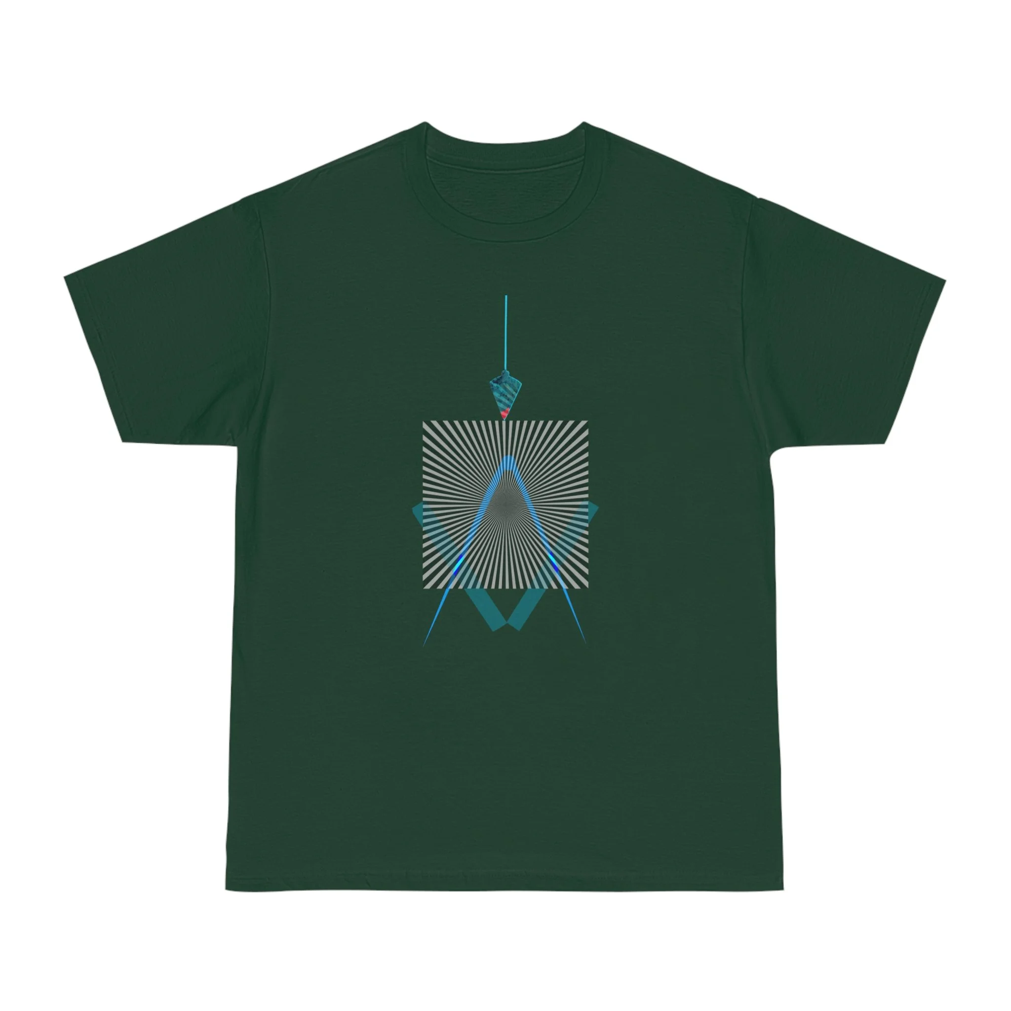 High-resolution geometric line art on dark green t-shirt