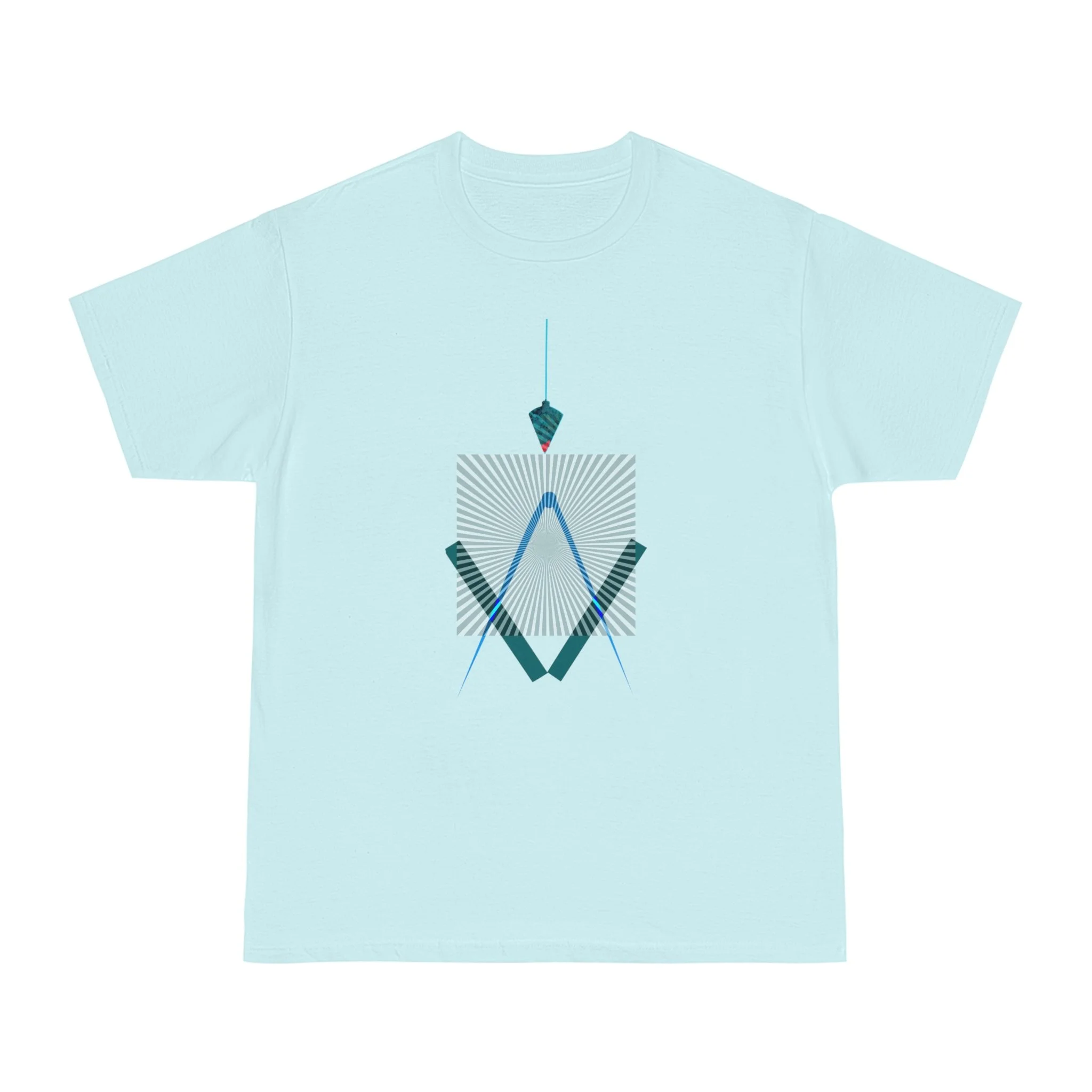 High-resolution geometric line art on light blue t-shirt