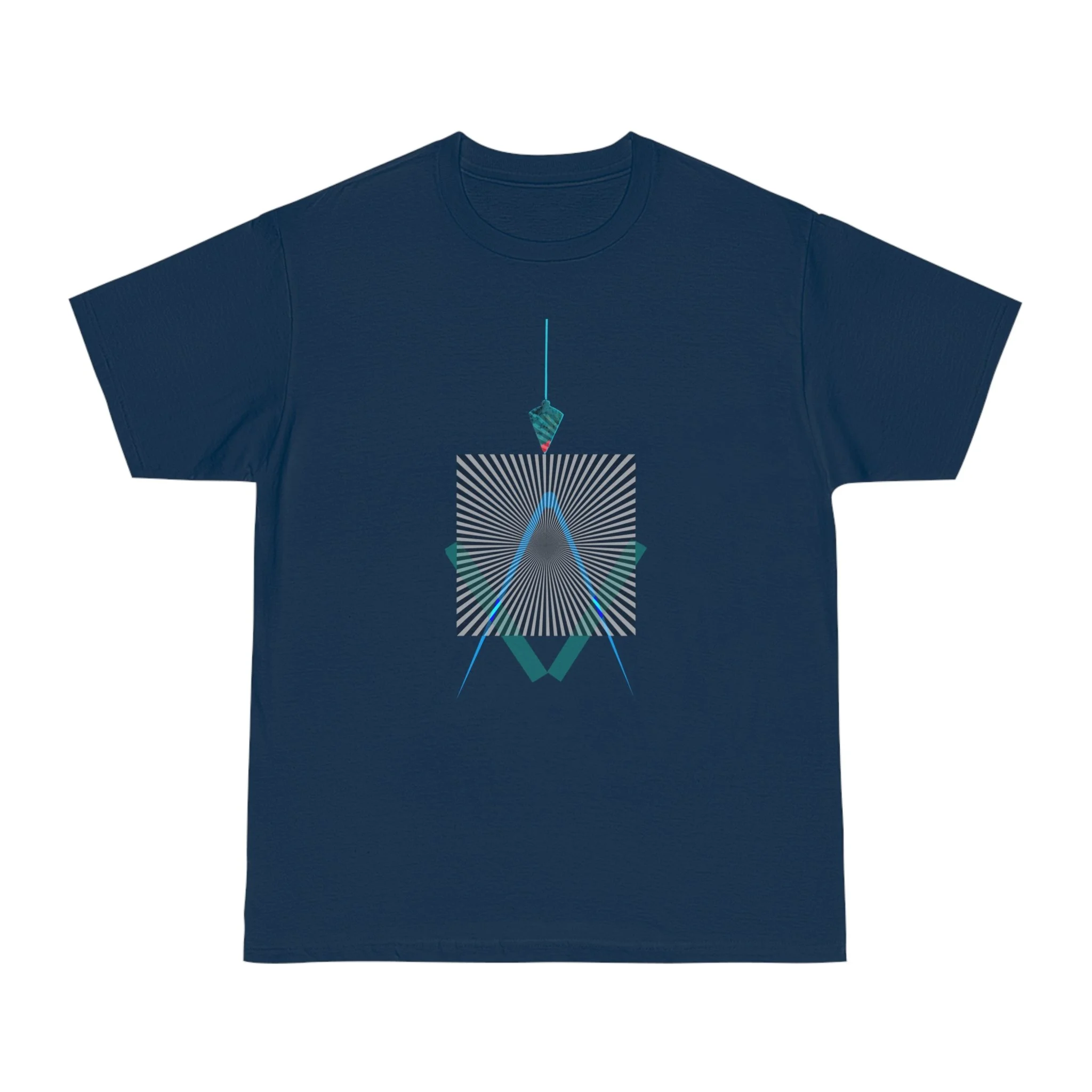 High-resolution geometric line art on dark blue t-shirt