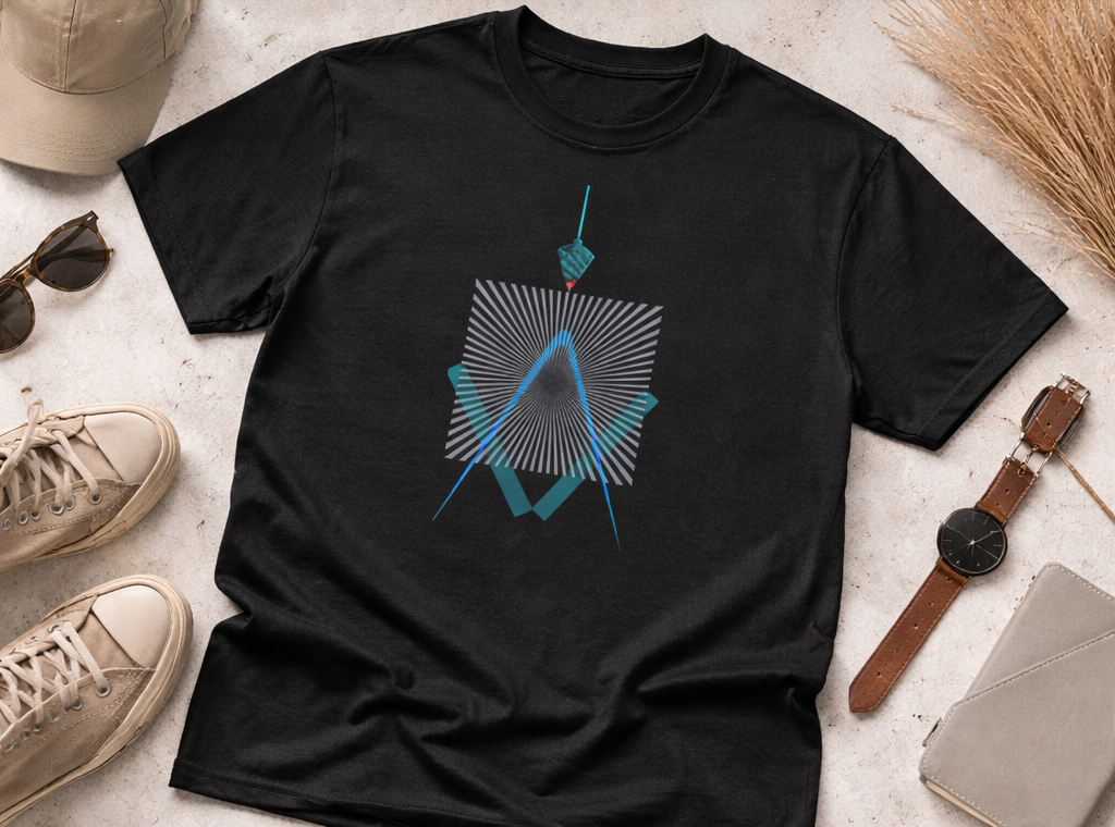 High-resolution geometric line art on black t-shirt