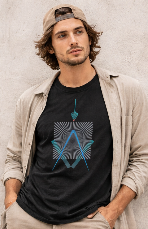 Male model wearing geometric line art on black t-shirt