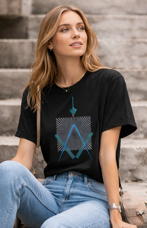 Female model wearing geometric line art on black t-shirt