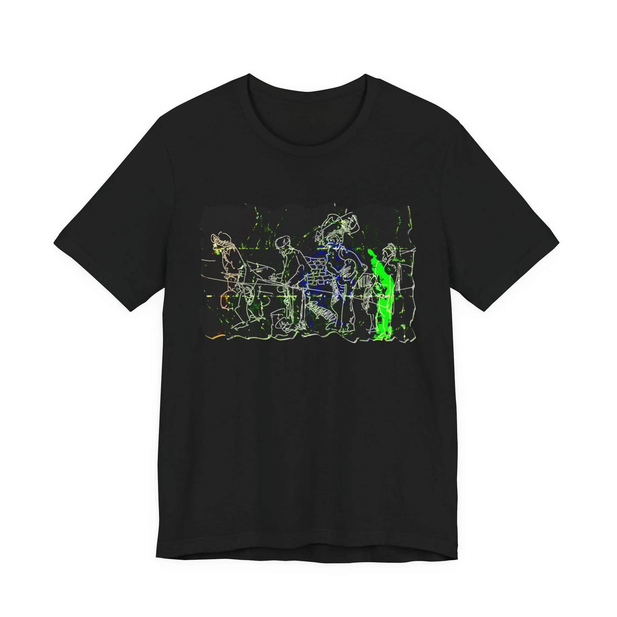 Black crew neck t-shirt featuring a neon green, blue, and white line drawing of a group of people. The graphic is centered on the front of the shirt.