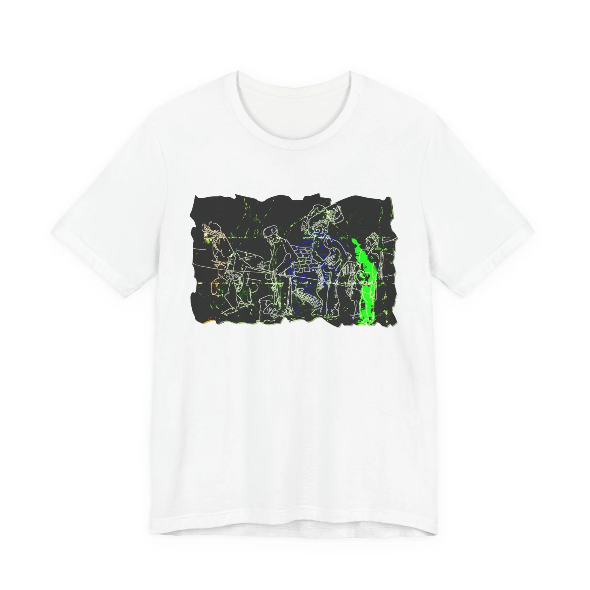 White crew neck t-shirt featuring a neon green, blue, and white line drawing of a group of people. The graphic is centered on the front of the shirt.