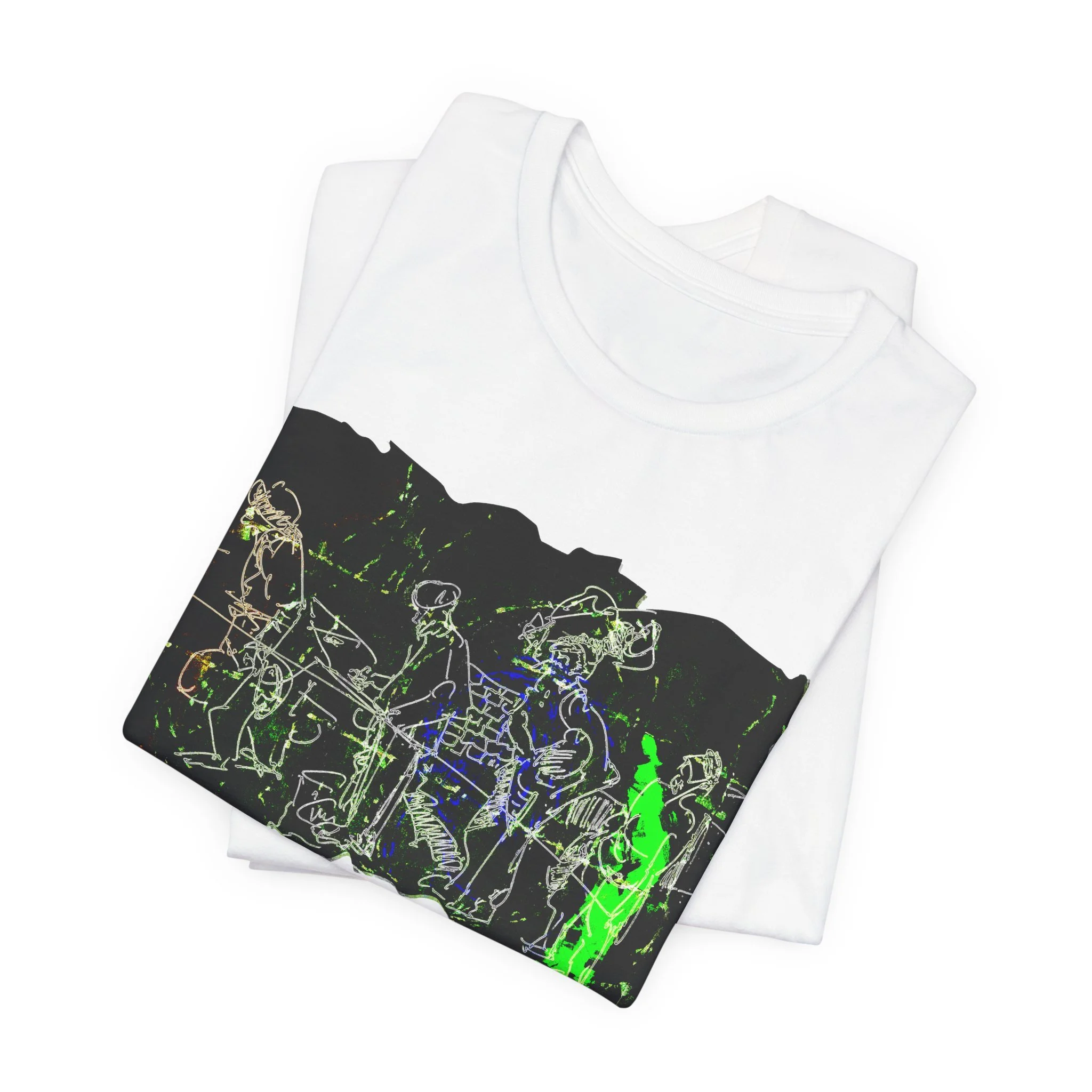 Folded white crew neck t-shirt featuring a neon green, blue, and white line drawing of a group of people. The graphic is centered on the front of the shirt.