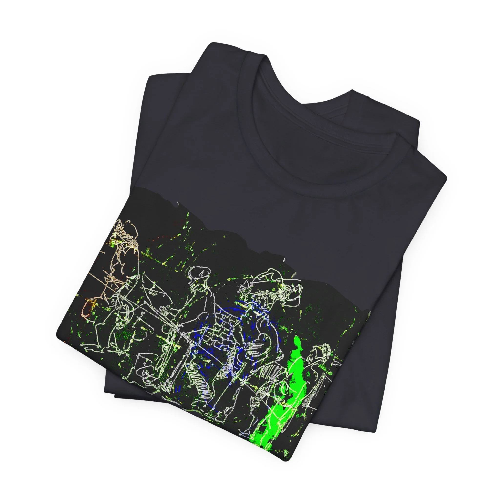 Folded black crew neck t-shirt featuring a neon green, blue, and white line drawing of a group of people. The graphic is centered on the front of the shirt.