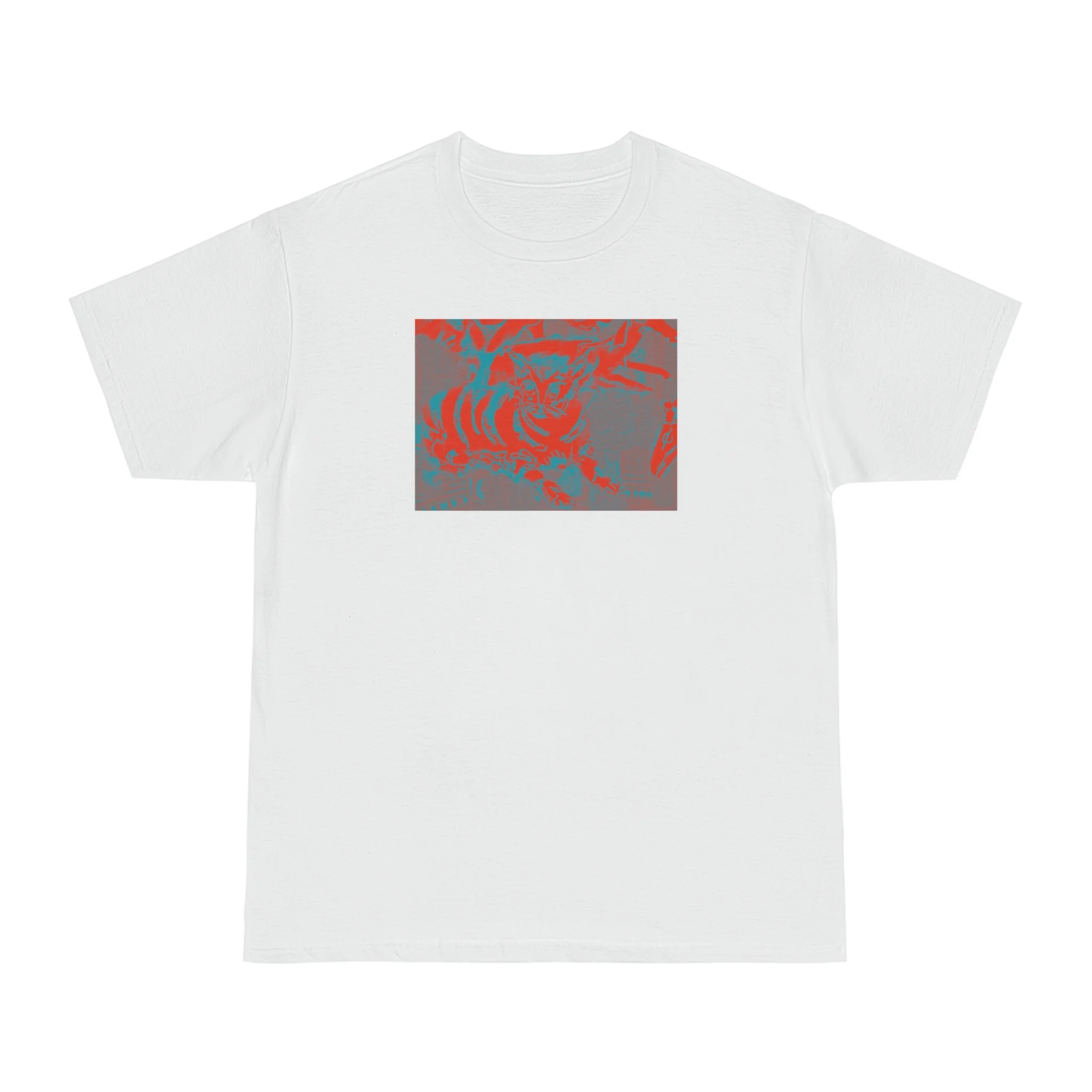 White t-shirt with a square graphic featuring an abstract design in shades of red, teal, and gray.