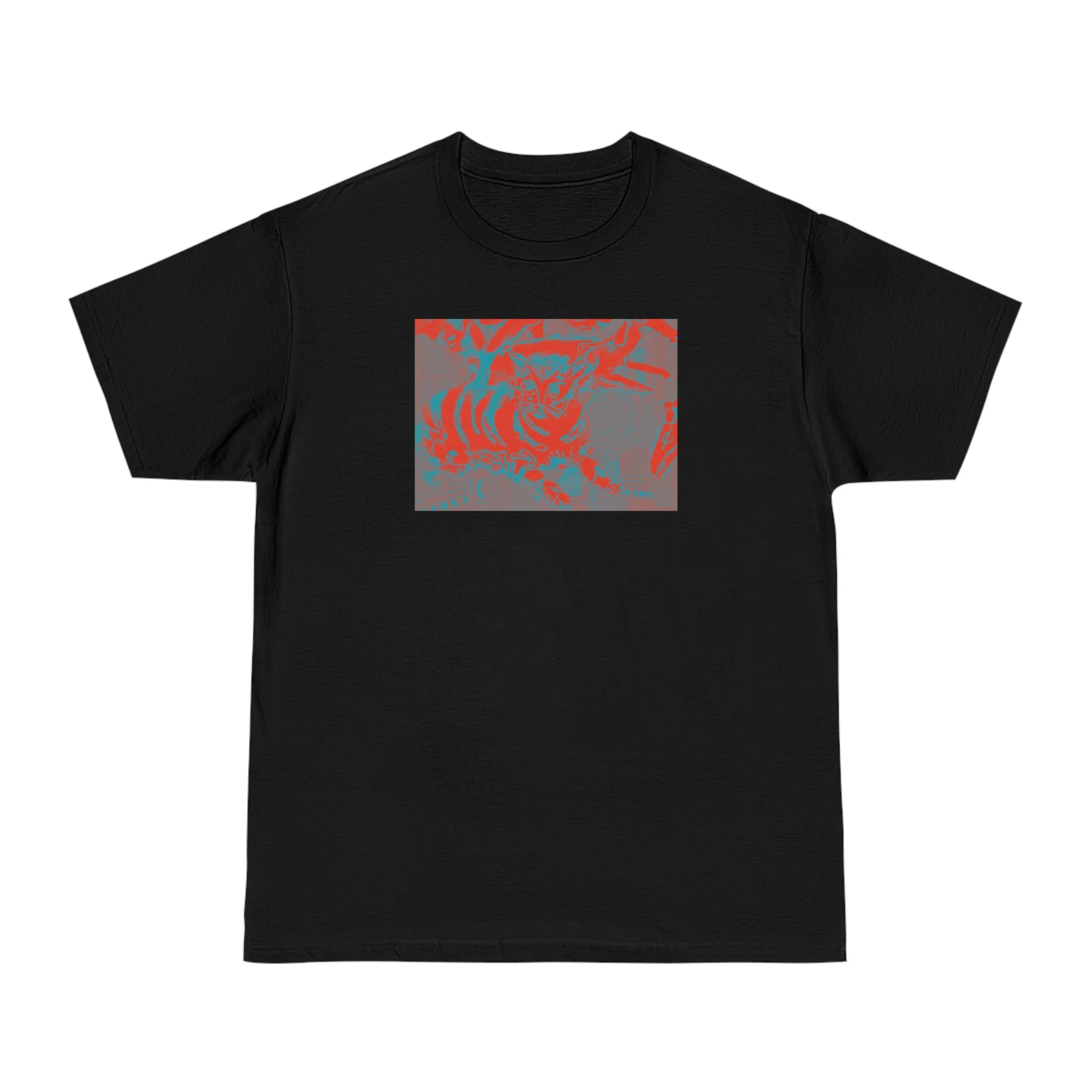 Black t-shirt with a square graphic featuring an abstract design in shades of red, teal, and gray.