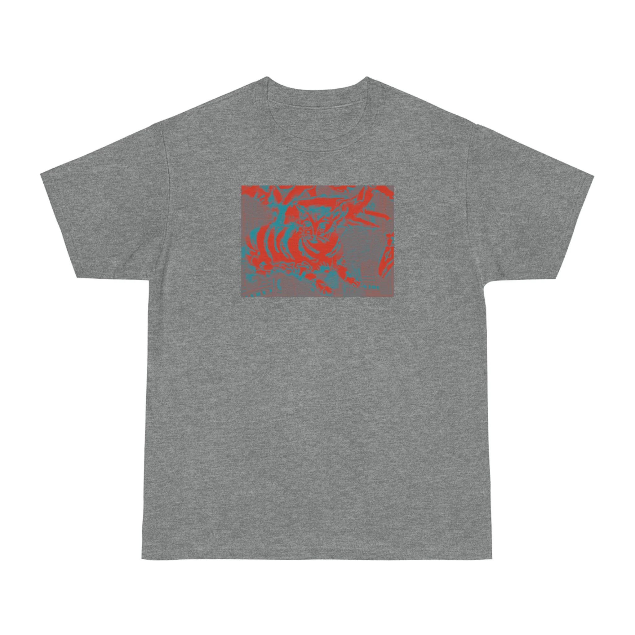 A gray t-shirt with a rectangular design on the front. The design features a mix of red and teal abstract shapes on a gray background. The shirt is short-sleeved .