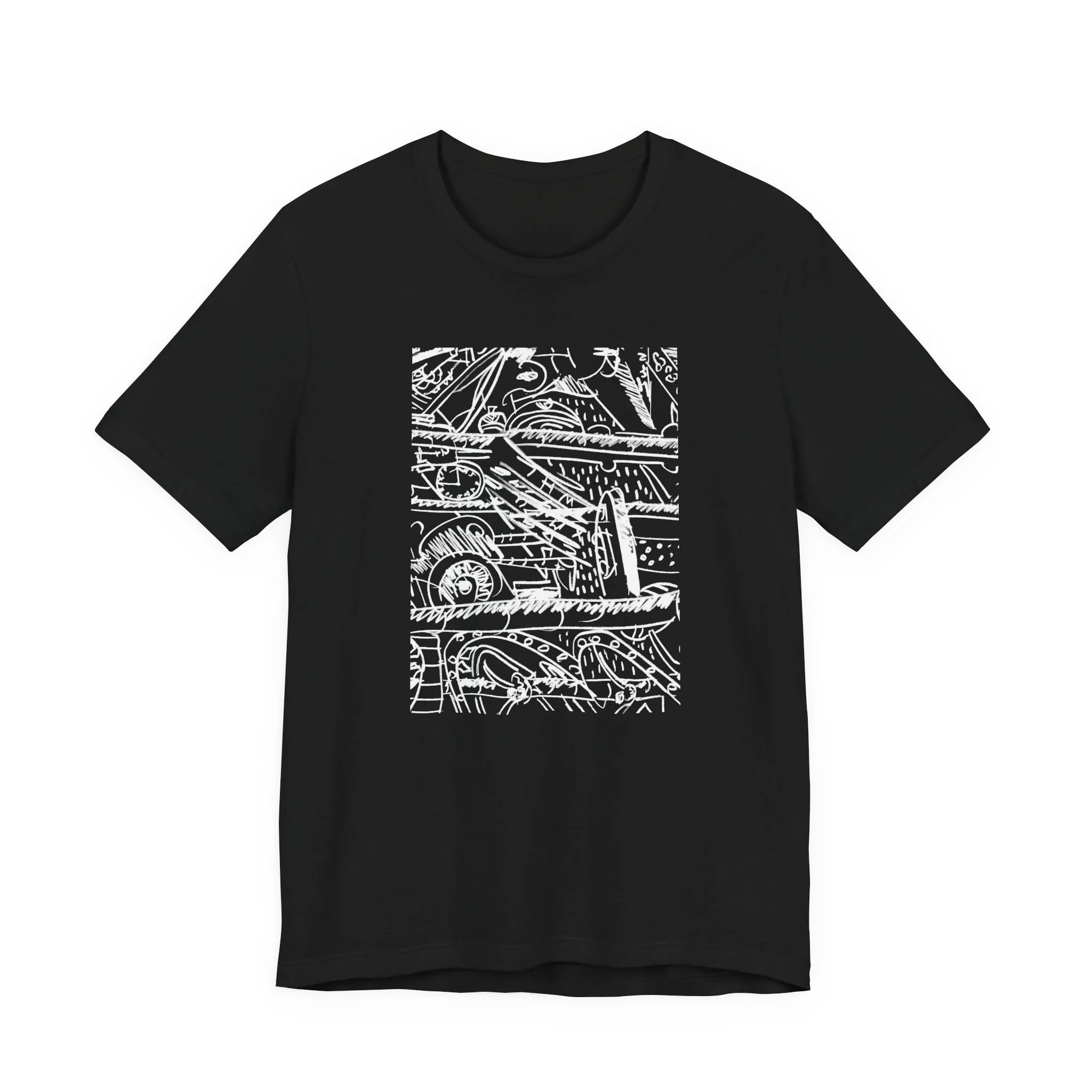 A black t-shirt featuring a white abstract design. The graphic is a complex arrangement of lines, shapes, and numbers. The short-sleeved shirt is made of a soft material.