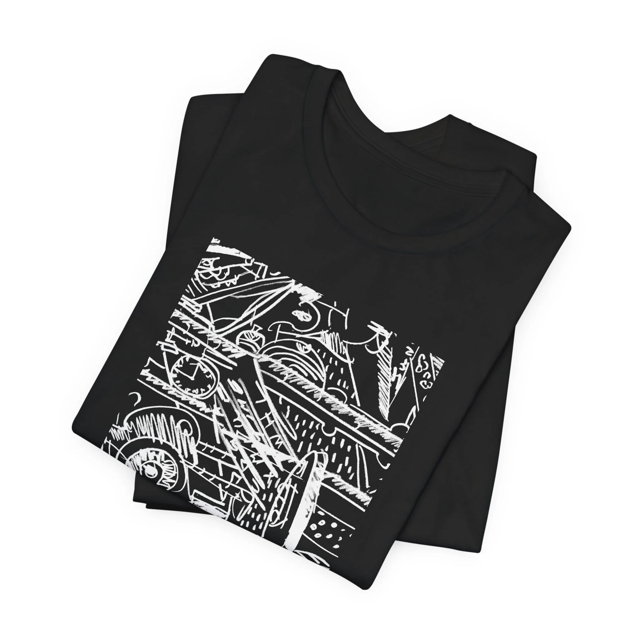 Folded black t-shirt featuring a white abstract design. The graphic is a complex arrangement of lines, shapes, and numbers. The short-sleeved shirt is made of a soft material.