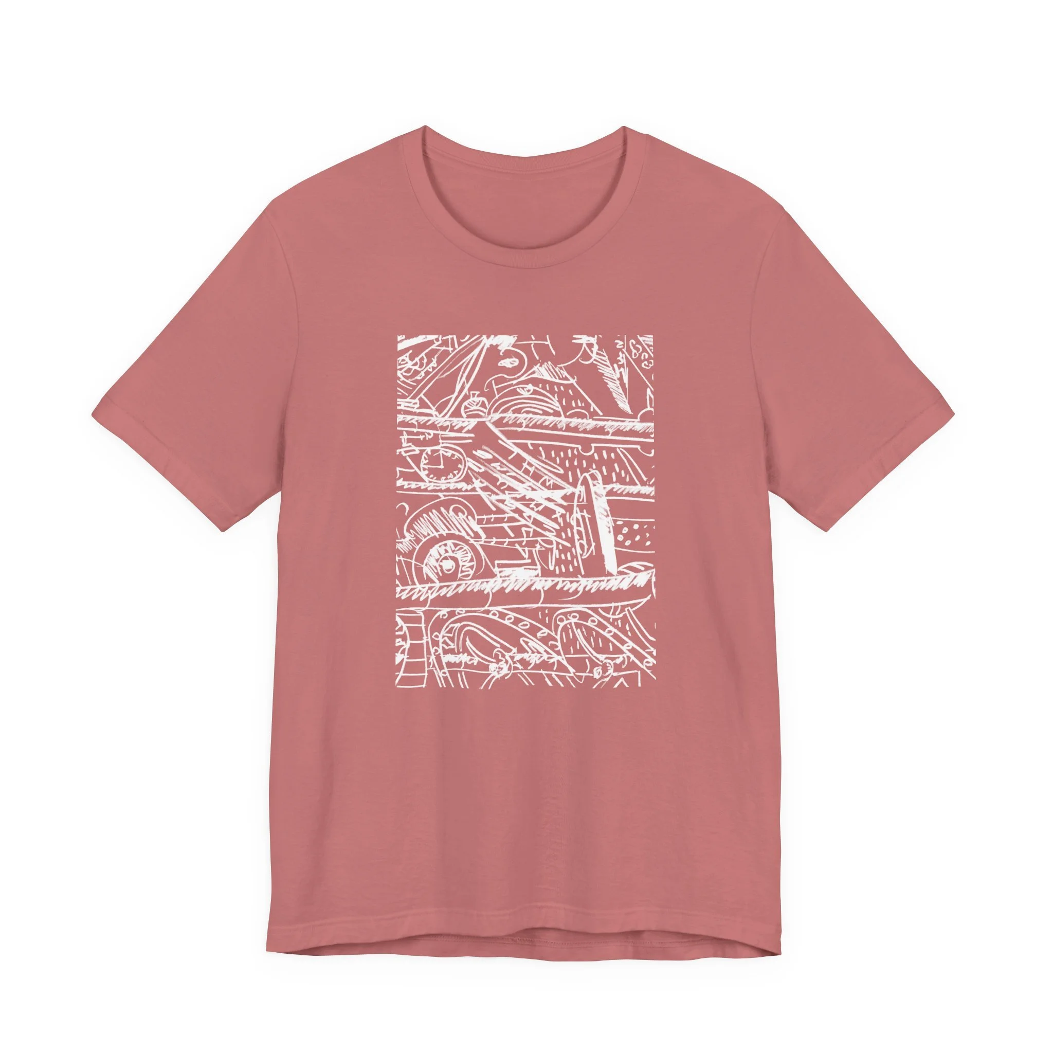 A pink t-shirt featuring a white abstract design. The graphic is a complex arrangement of lines, shapes, and numbers. The short-sleeved shirt is made of a soft material.