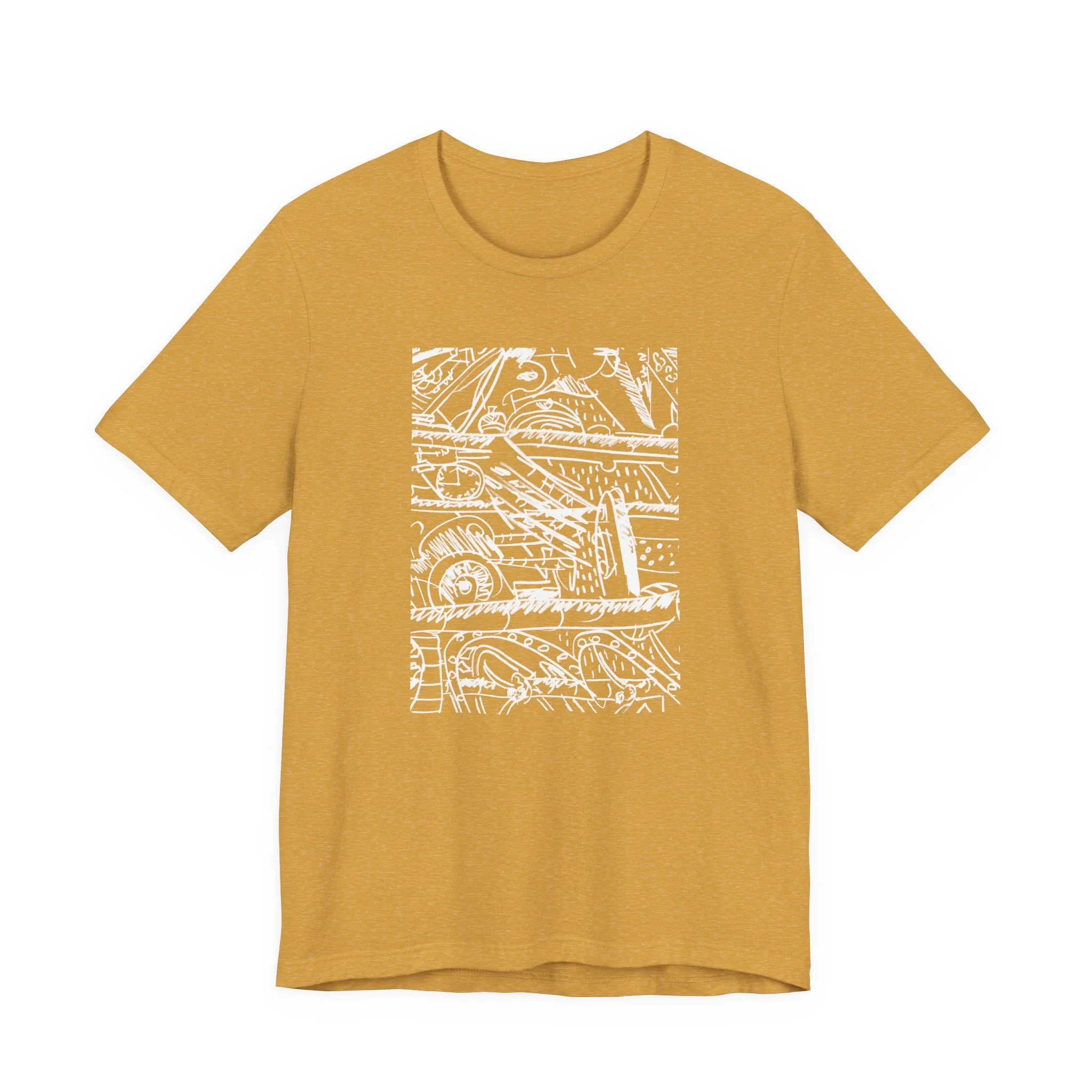 A mustard yellow t-shirt featuring a white abstract design. The graphic is a complex arrangement of lines, shapes, and numbers. The short-sleeved shirt is made of a soft material.