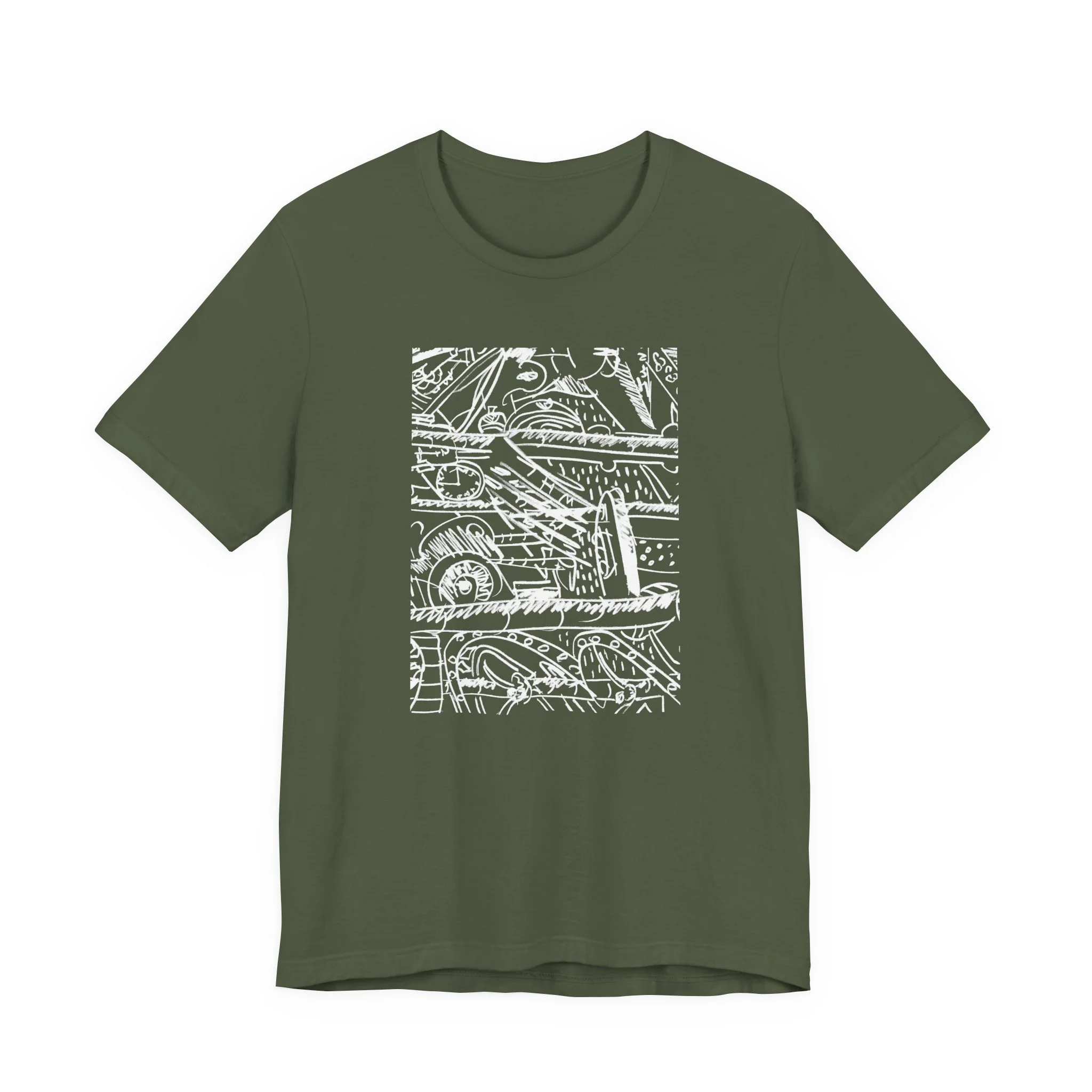 A military green t-shirt featuring a white abstract design. The graphic is a complex arrangement of lines, shapes, and numbers. The short-sleeved shirt is made of a soft material.