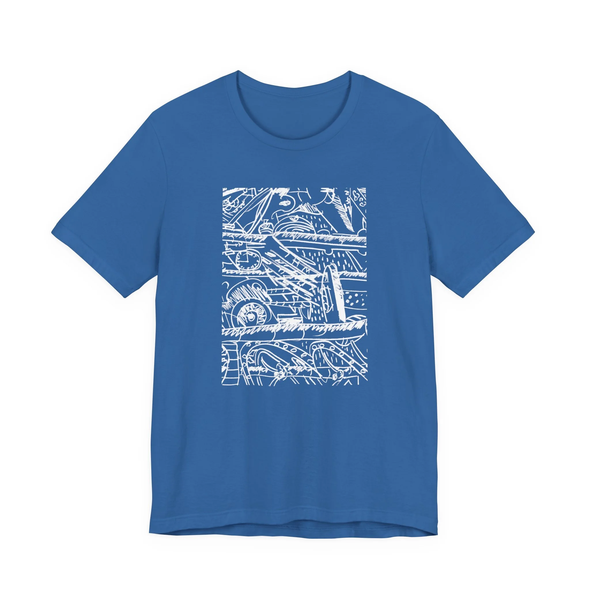 A Columbia blue t-shirt featuring a white abstract design. The graphic is a complex arrangement of lines, shapes, and numbers. The short-sleeved shirt is made of a soft material.