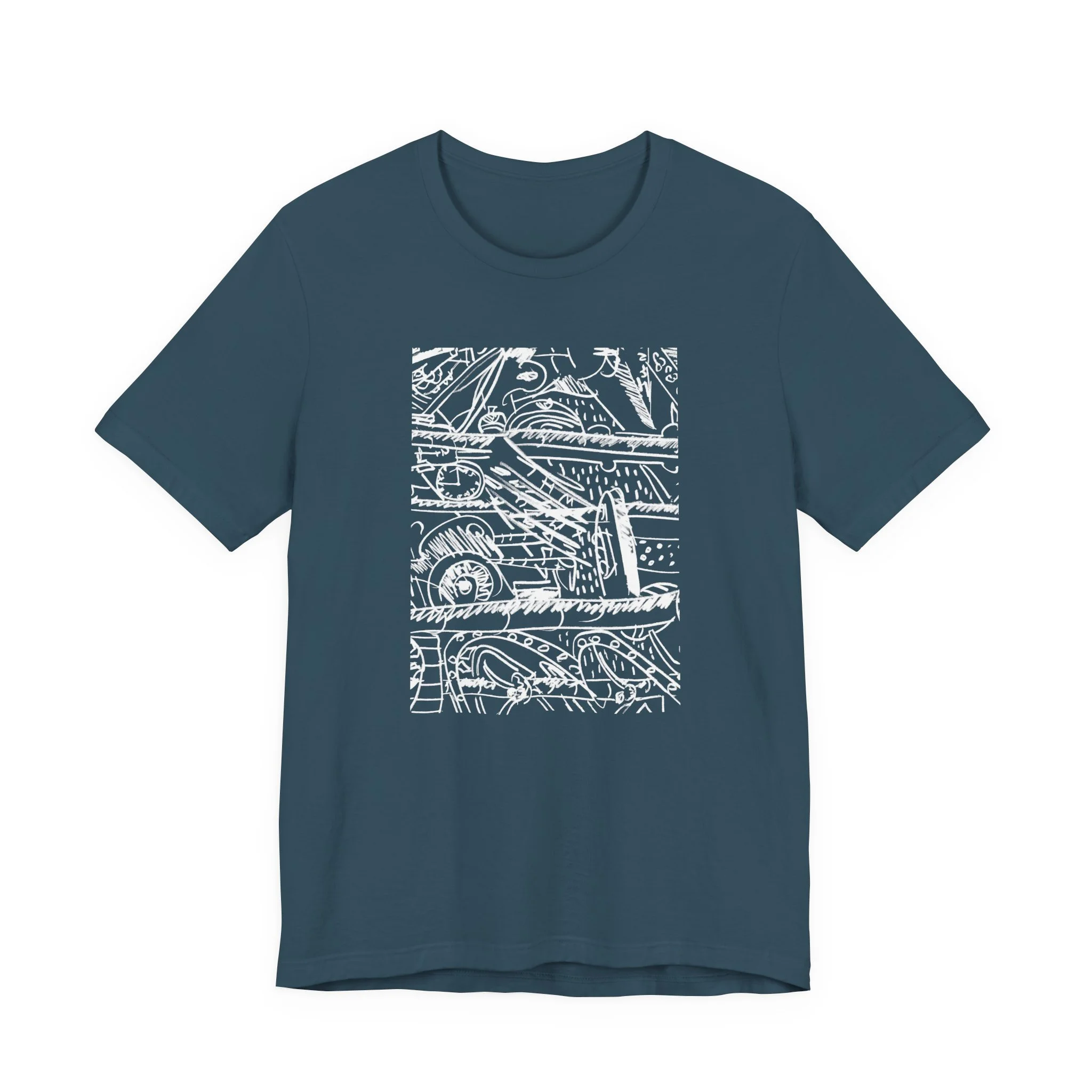 A dark teal t-shirt featuring a white abstract design. The graphic is a complex arrangement of lines, shapes, and numbers. The short-sleeved shirt is made of a soft material.