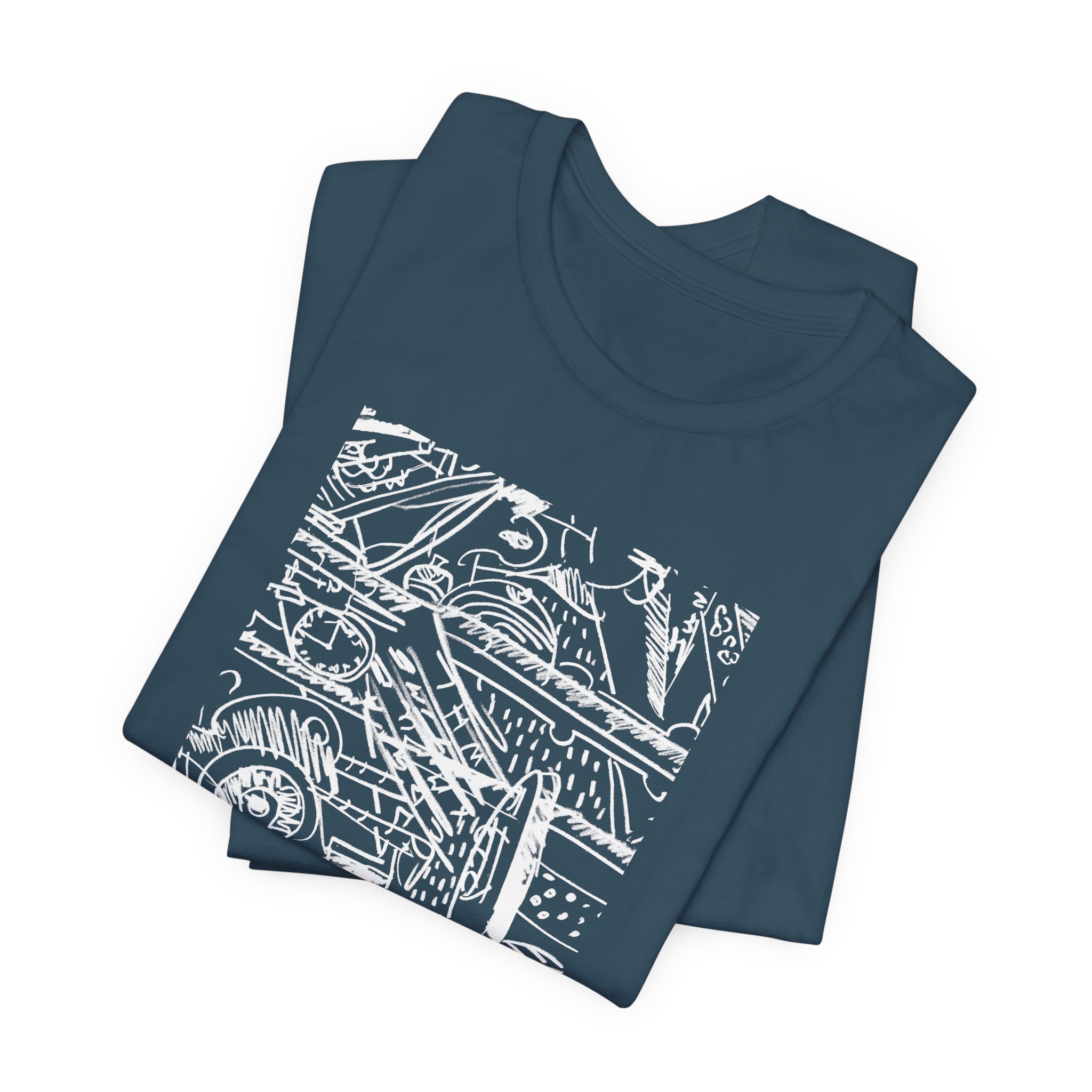 A dark teal t-shirt featuring a white abstract design. The graphic is a complex arrangement of lines, shapes, and numbers. The short-sleeved shirt is made of a soft material.