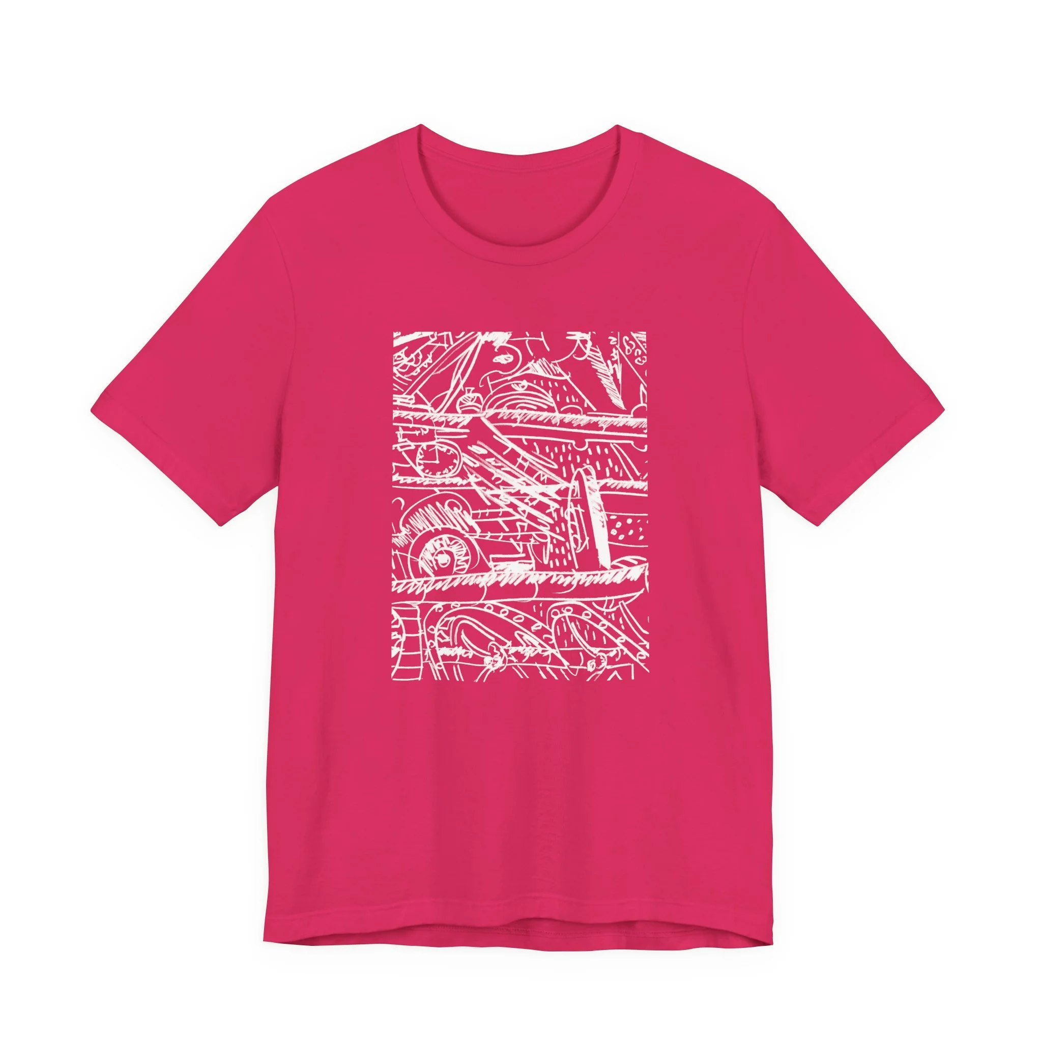 A fuchsia t-shirt featuring a white abstract design. The graphic is a complex arrangement of lines, shapes, and numbers. The short-sleeved shirt is made of a soft material.