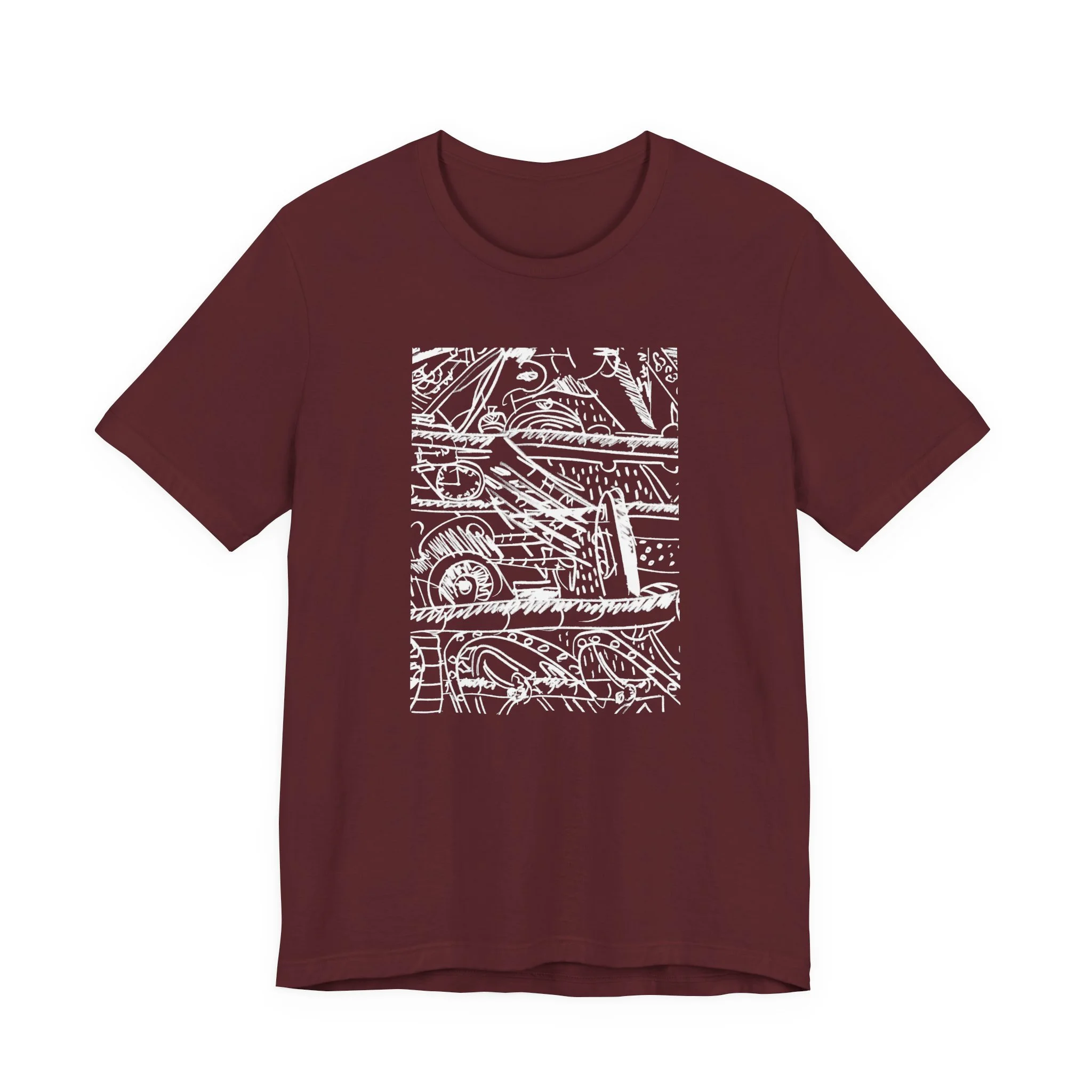 A maroon t-shirt featuring a white abstract design. The graphic is a complex arrangement of lines, shapes, and numbers. The short-sleeved shirt is made of a soft material.
