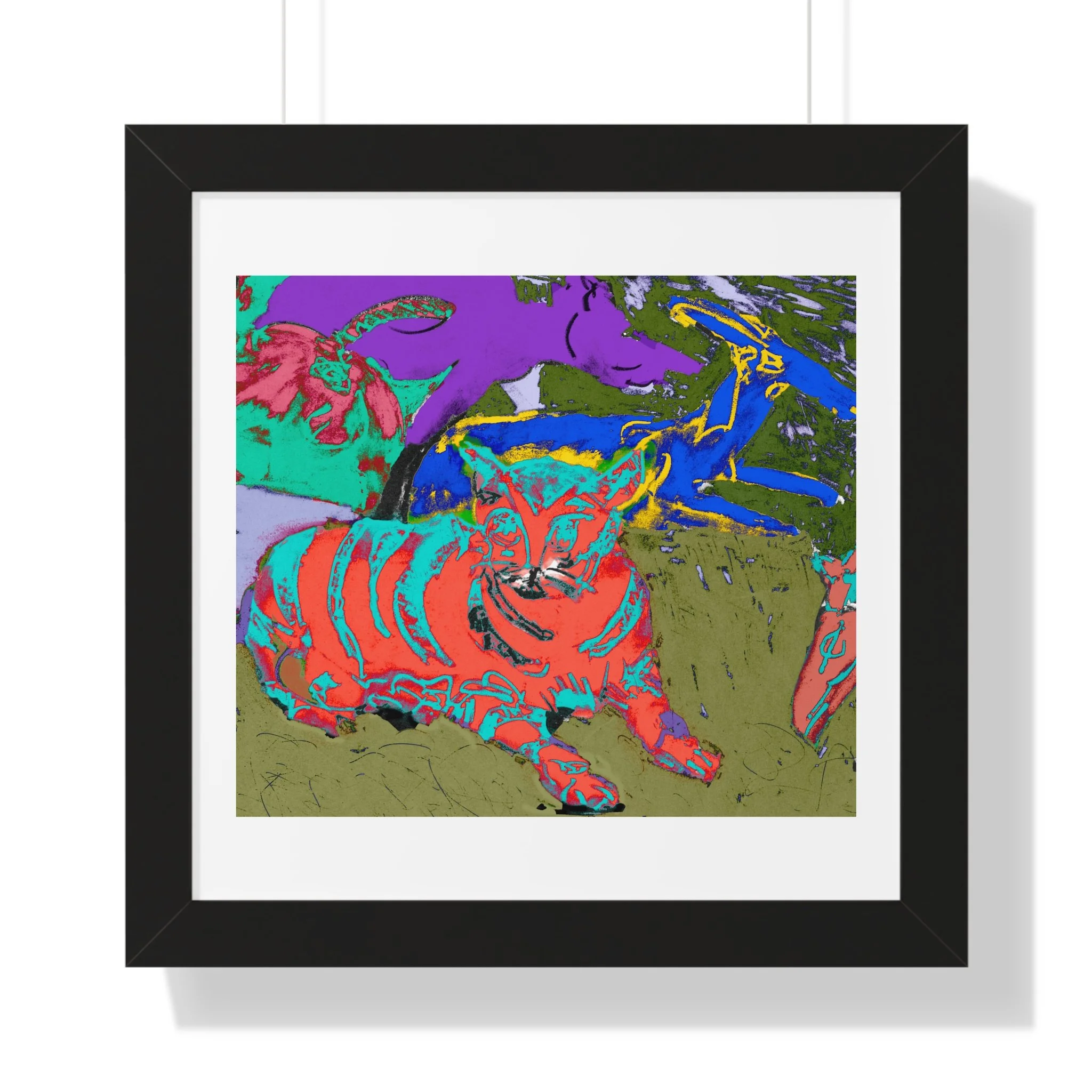 Abstract cat art print featuring a group of other animals in vibrant colors. The artwork uses a mix of blues, greens, purples, and reds, and is framed in black.