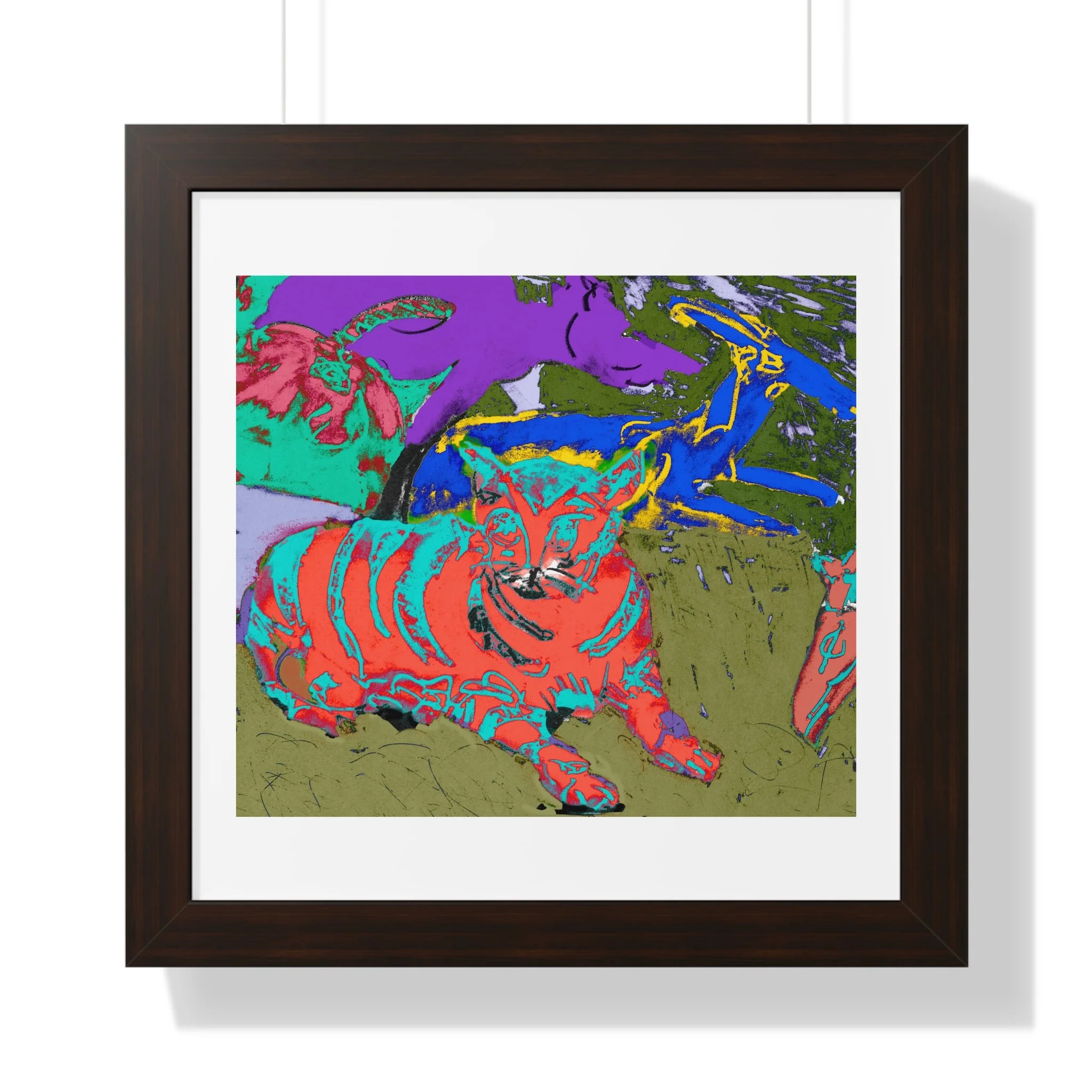 Abstract cat art print featuring a group of other animals in vibrant colors. The artwork uses a mix of blues, greens, purples, and reds, and is framed in walnut.