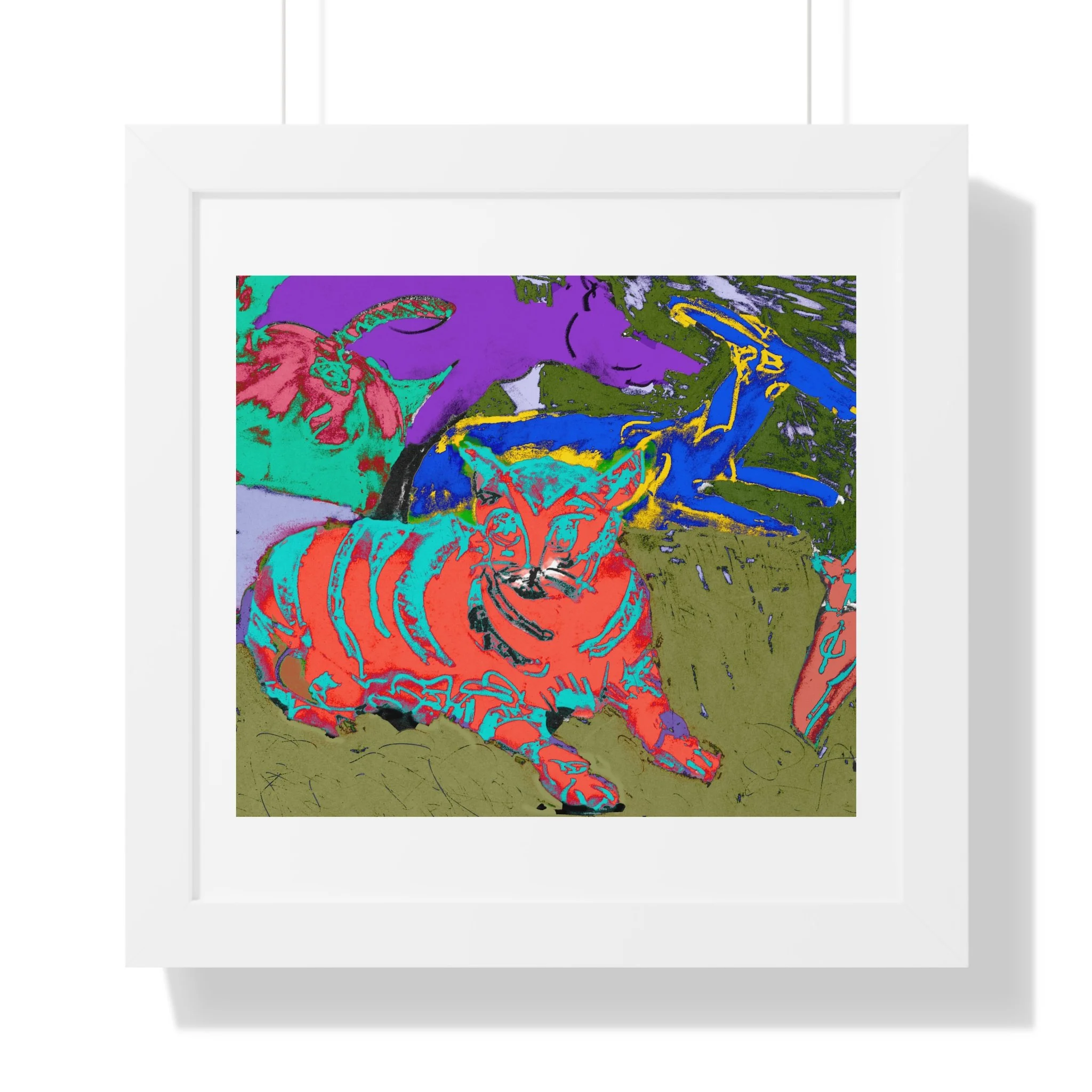 Abstract cat art print featuring a group of other animals in vibrant colors. The artwork uses a mix of blues, greens, purples, and reds, and is framed in white.