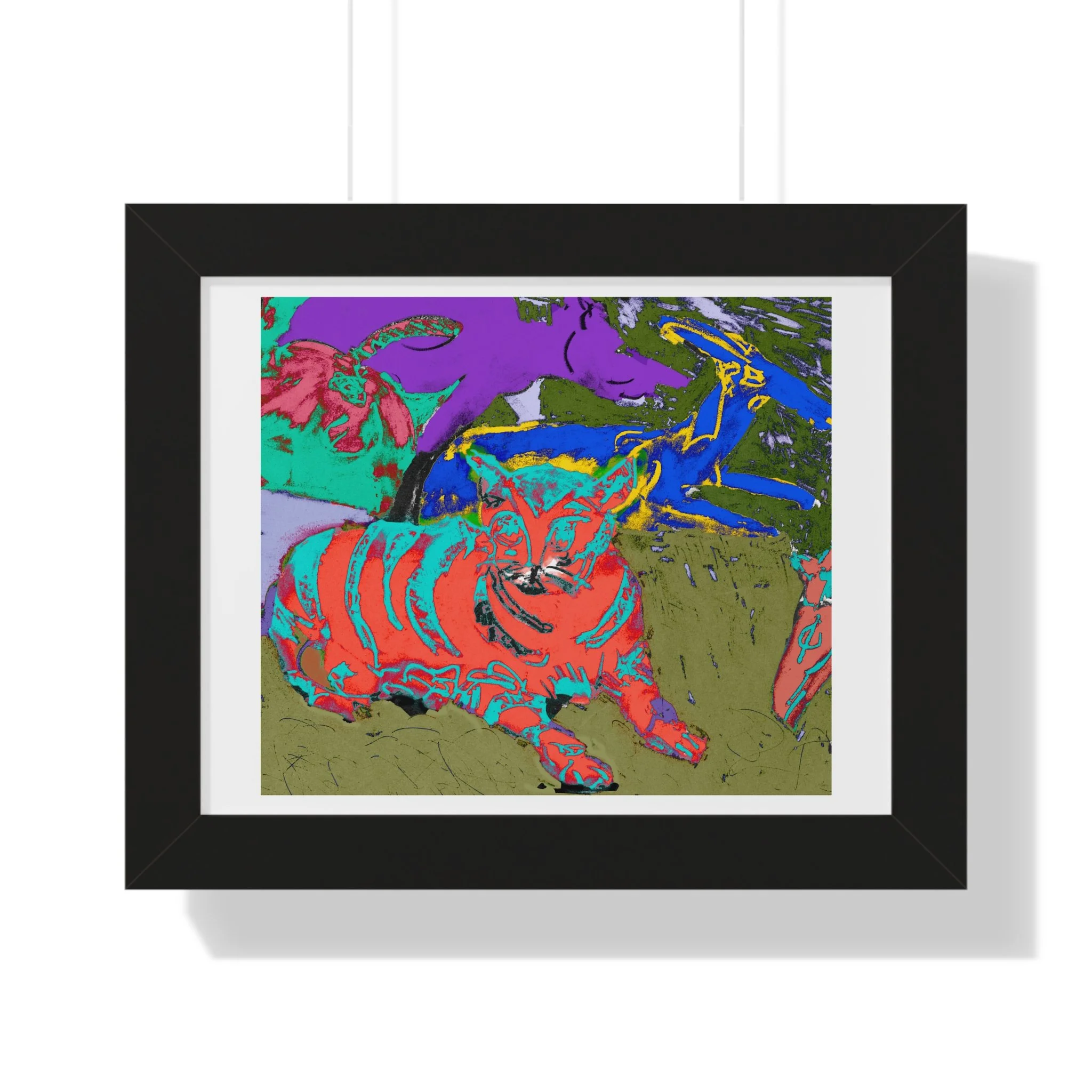 Abstract cat art print featuring a group of other animals in vibrant colors. The artwork uses a mix of blues, greens, purples, and reds, and is framed in black.