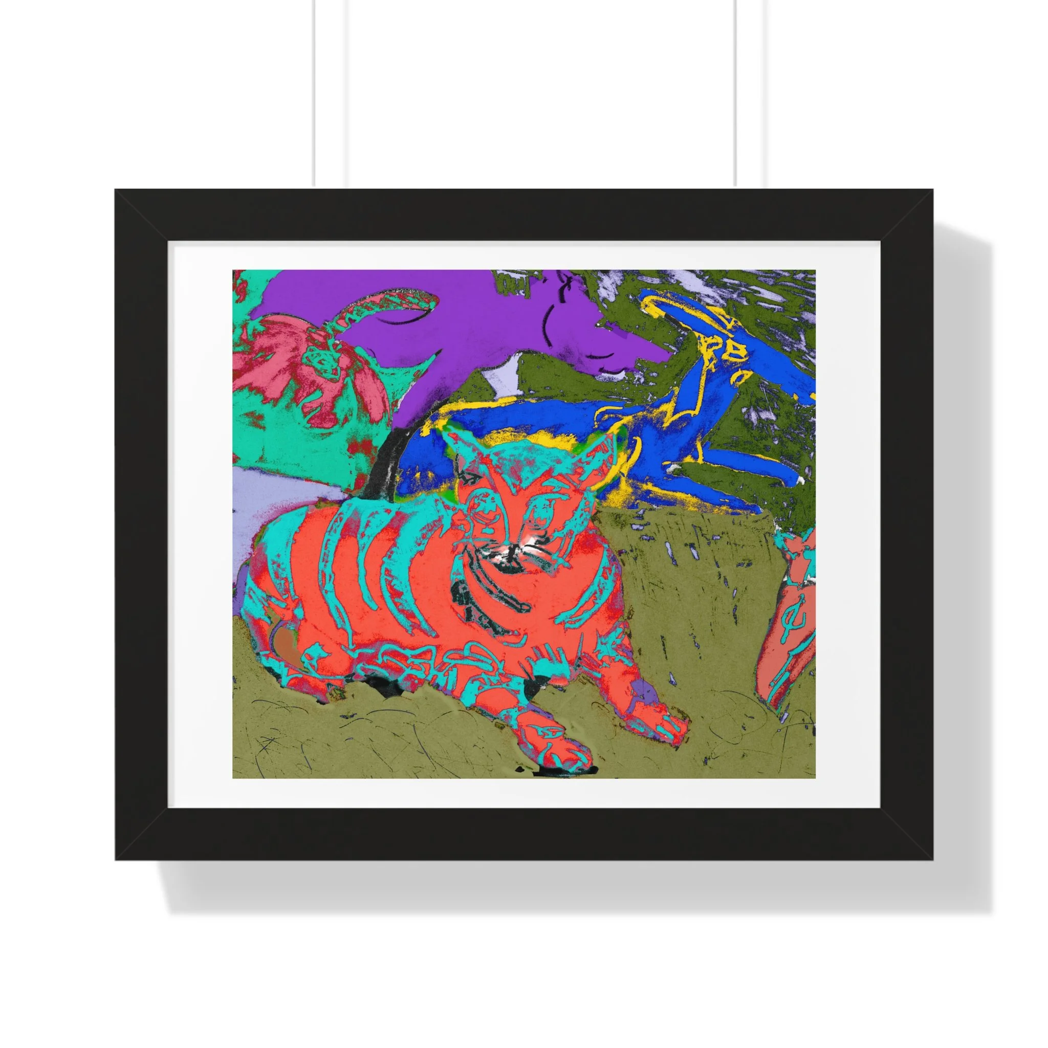 Abstract cat art print featuring a group of other animals in vibrant colors. The artwork uses a mix of blues, greens, purples, and reds, and is framed in walnut.
