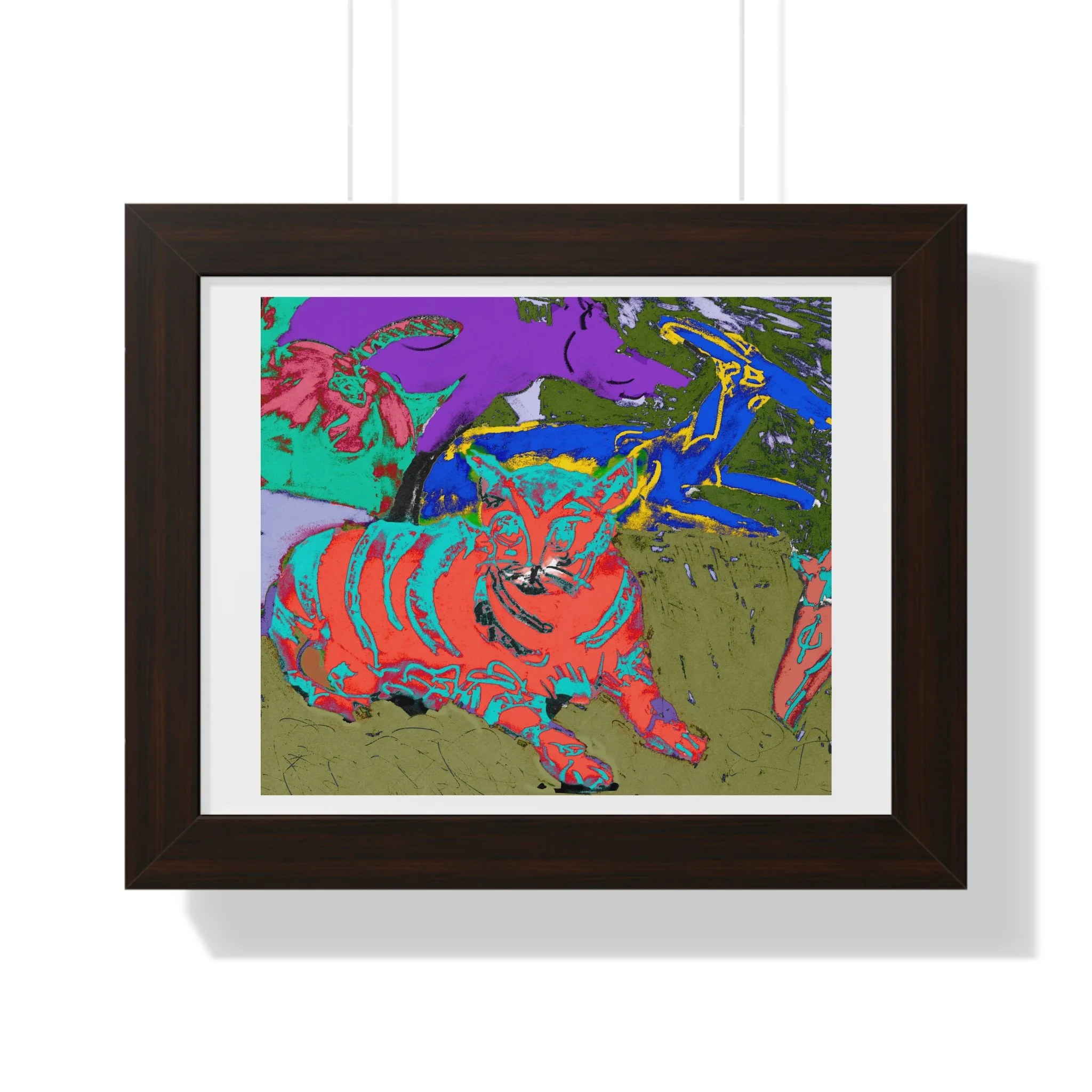 Abstract cat art print featuring a group of other animals in vibrant colors. The artwork uses a mix of blues, greens, purples, and reds, and is framed in black.