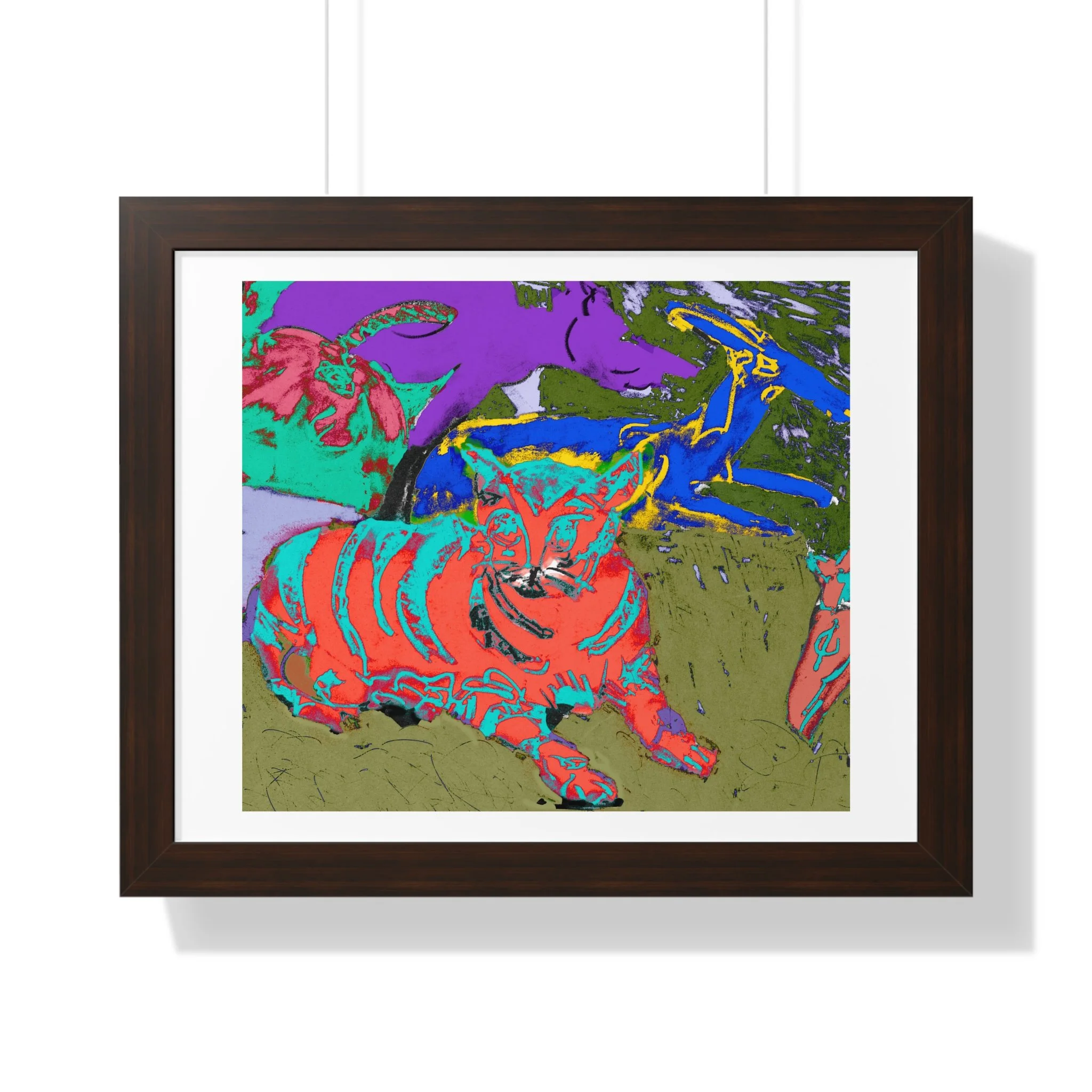 Abstract cat art print featuring a group of other animals in vibrant colors. The artwork uses a mix of blues, greens, purples, and reds, and is framed in walnut.