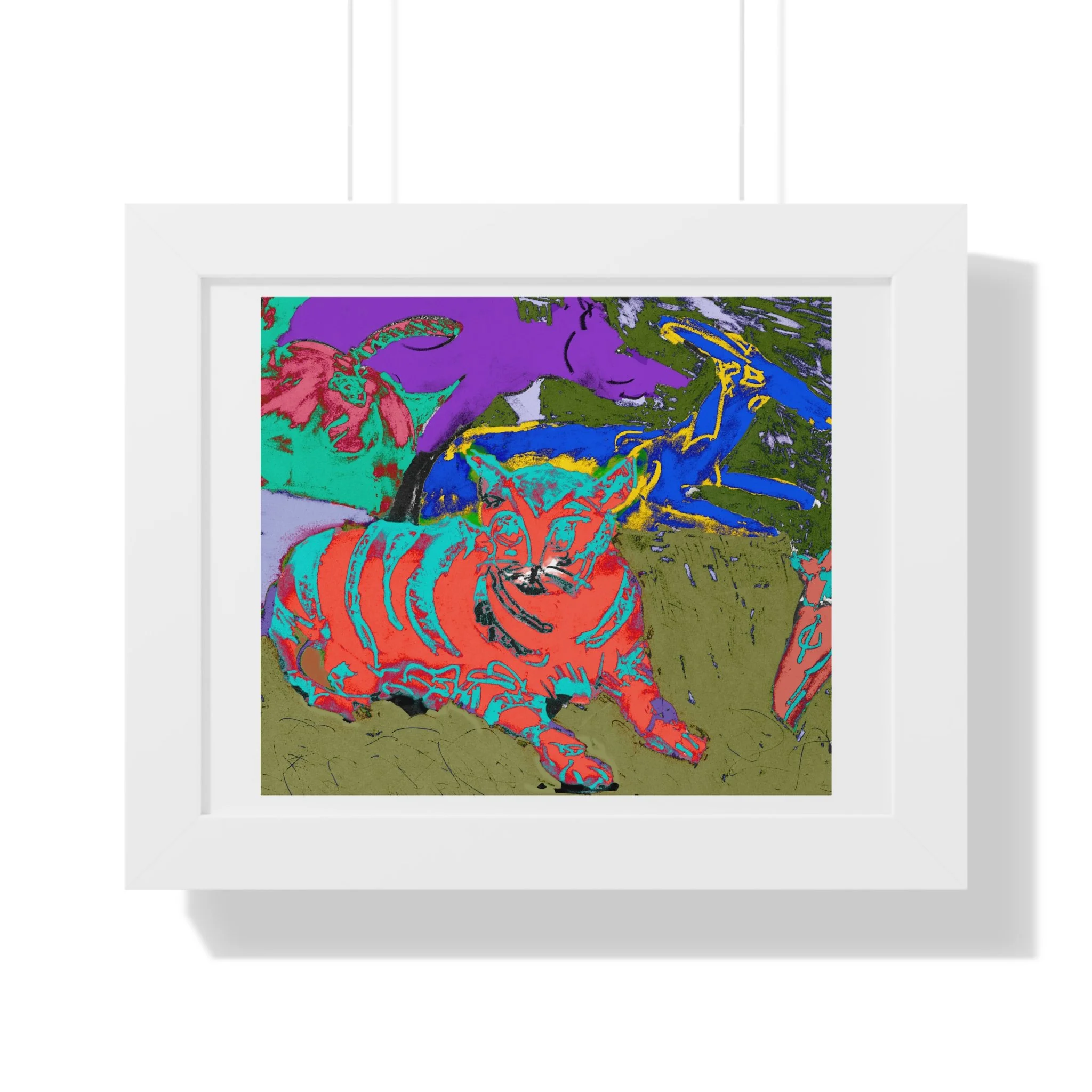 Abstract cat art print featuring a group of other animals in vibrant colors. The artwork uses a mix of blues, greens, purples, and reds, and is framed in white.