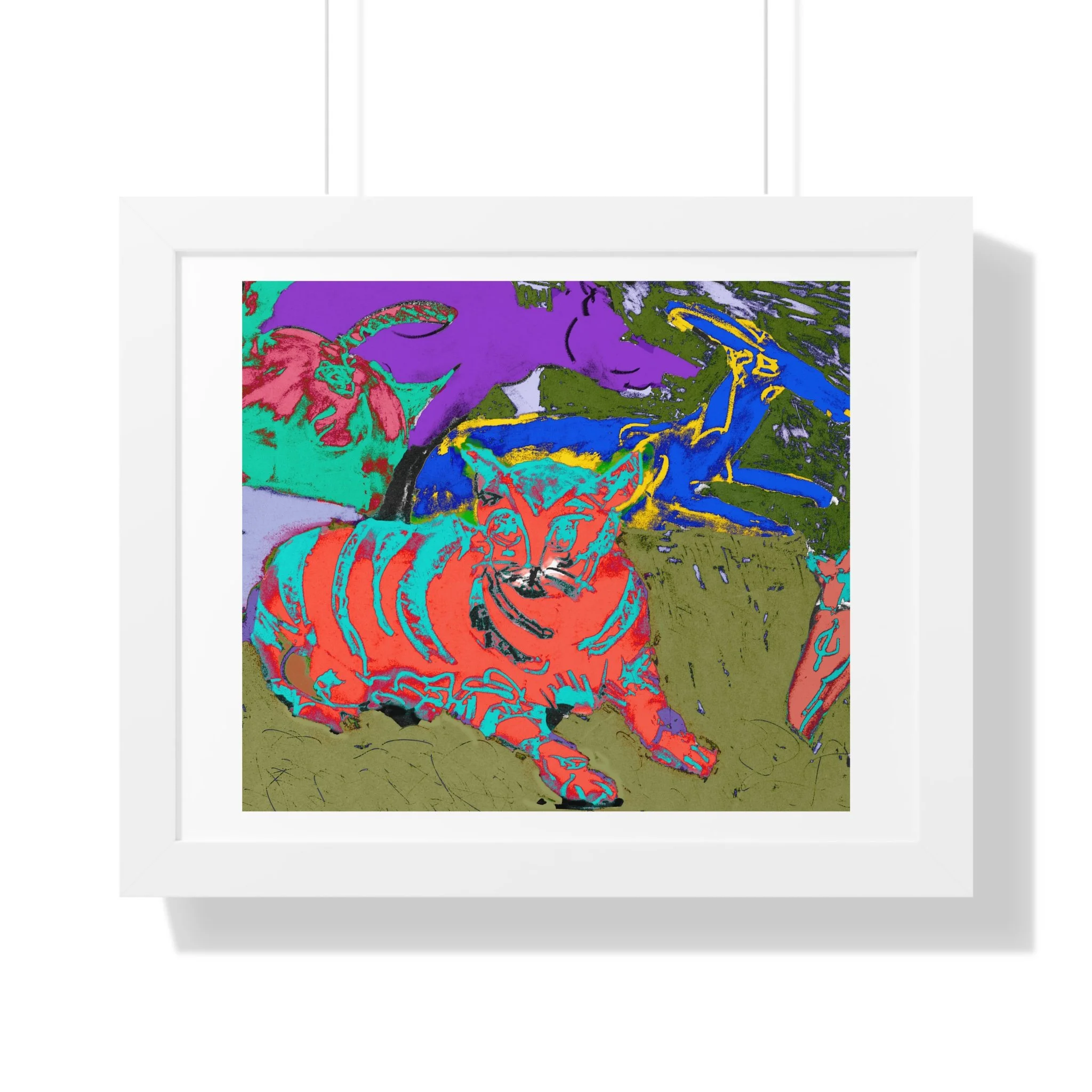 Abstract cat art print featuring a group of other animals in vibrant colors. The artwork uses a mix of blues, greens, purples, and reds, and is framed in white.