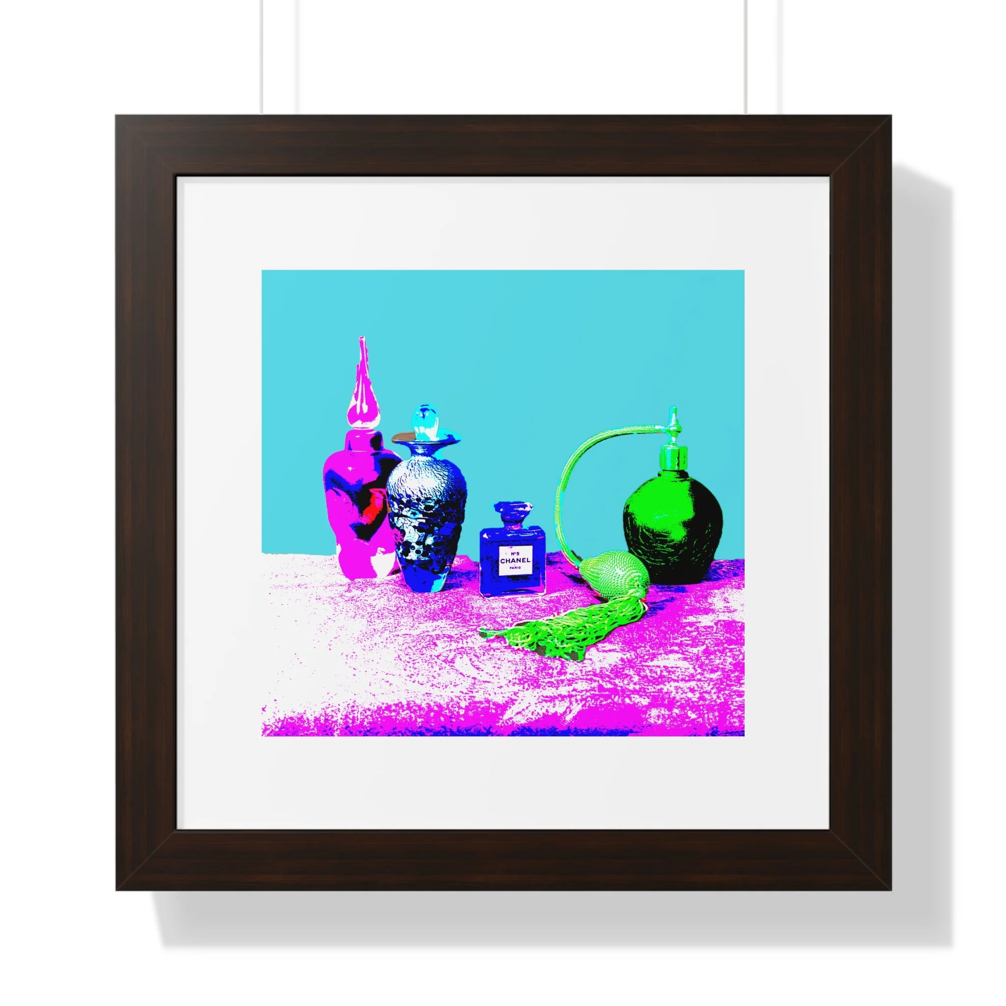 Chanel inspired perfume bottles in bright color in walnut frame