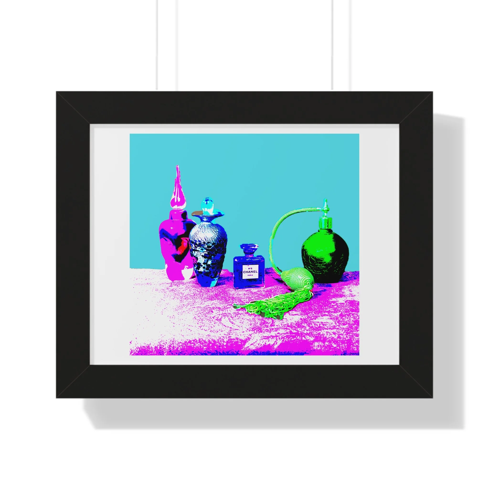 Chanel inspired perfume bottles in bright color in black frame