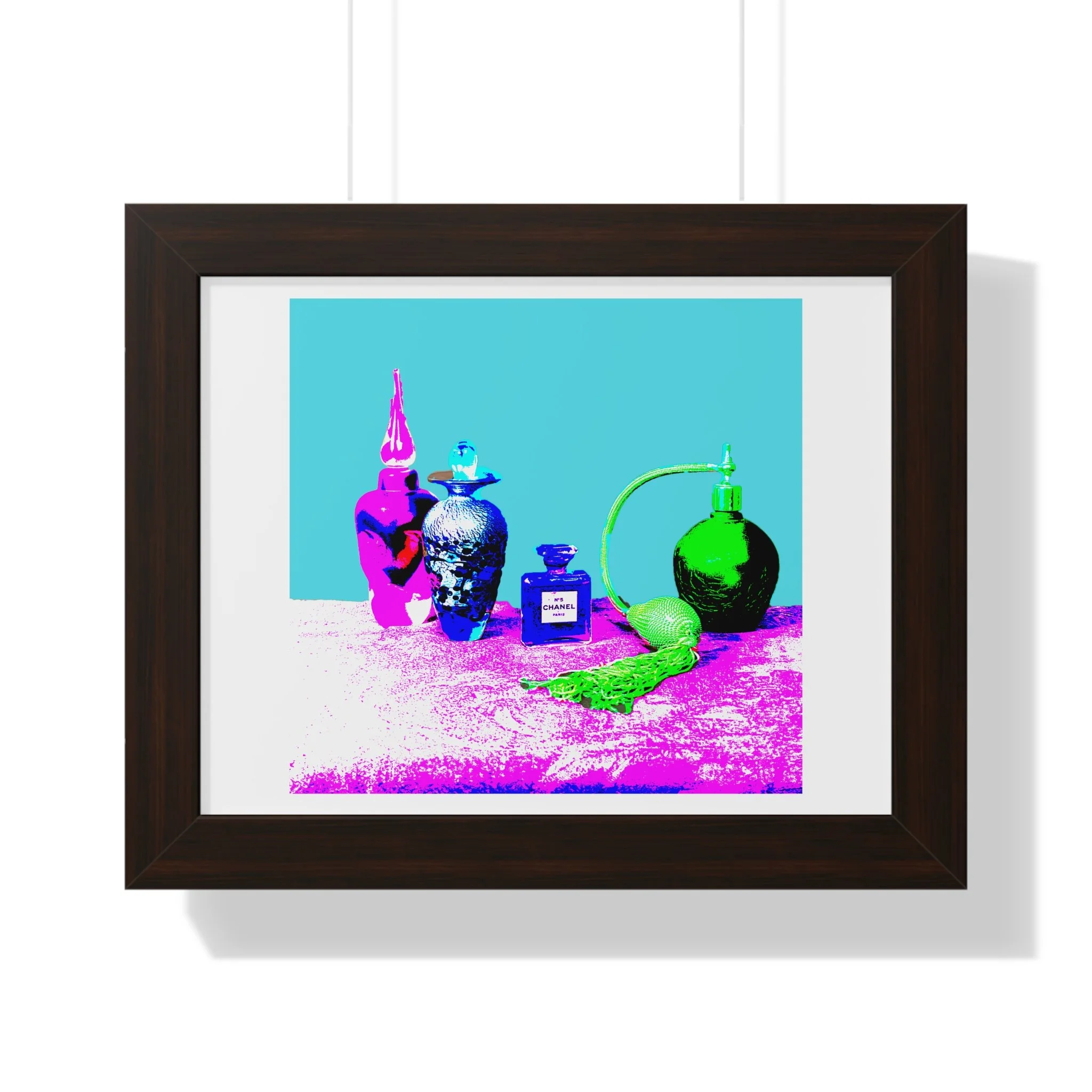 Chanel inspired perfume bottles in bright color in walnut frame