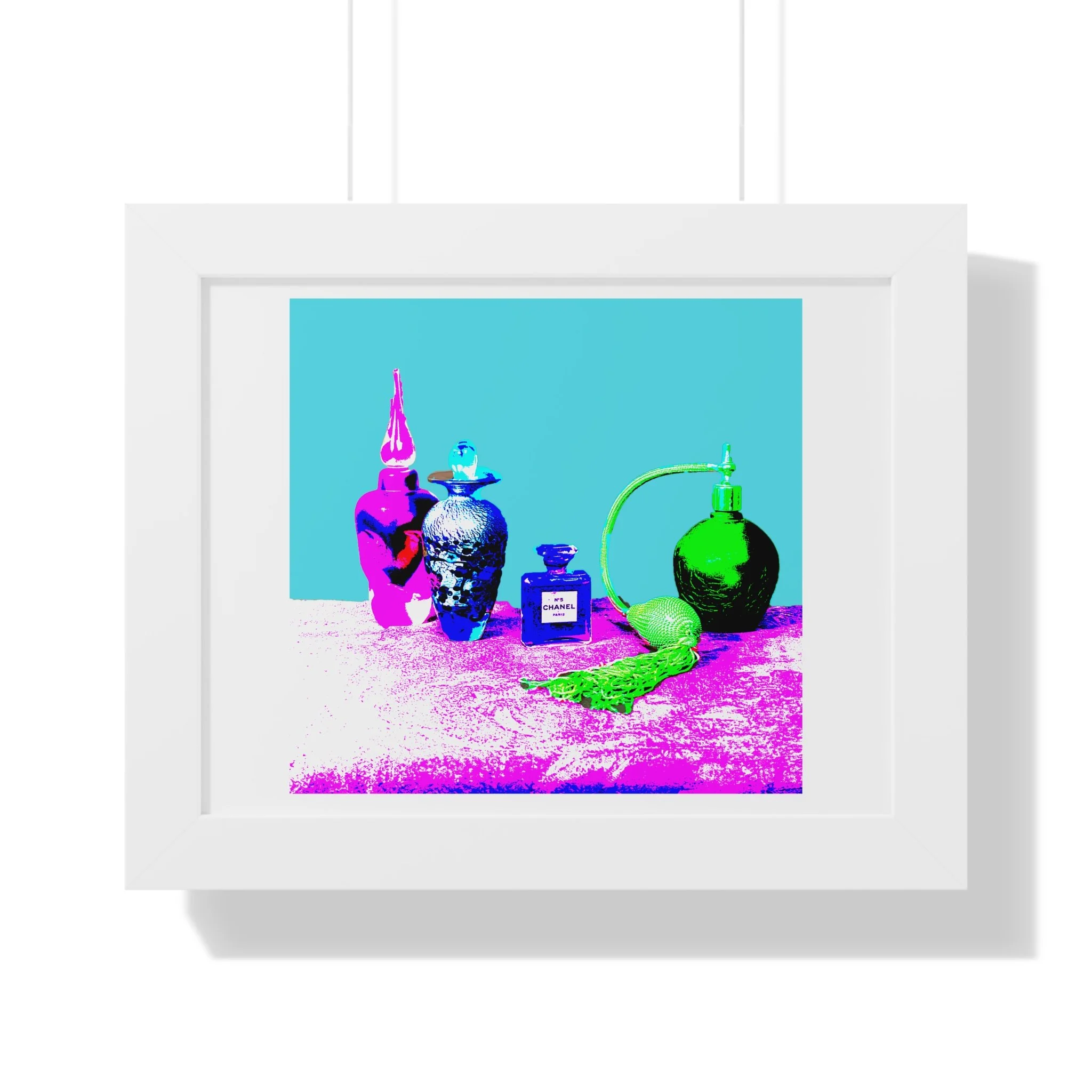 Chanel inspired perfume bottles in bright color in white frame