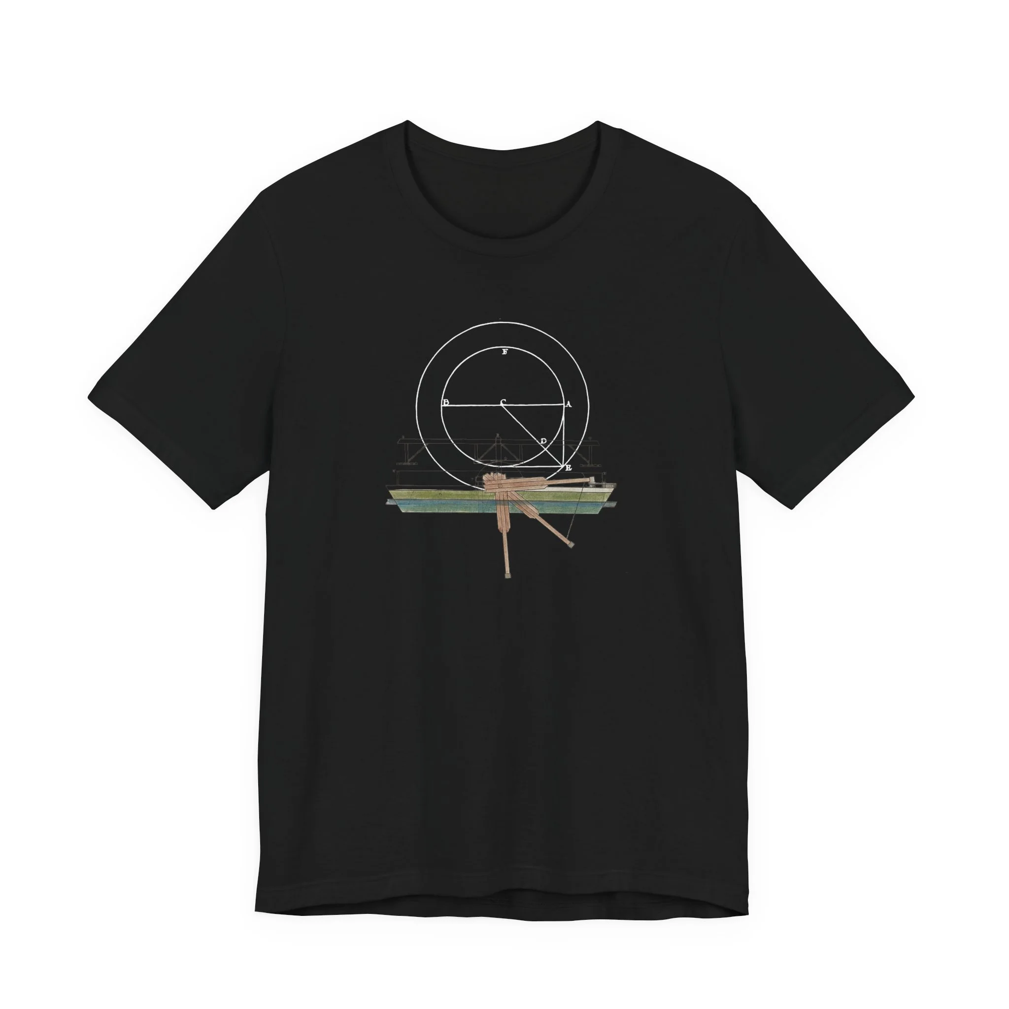 Black crew neck t-shirt featuring a white geometric  blueprint.
