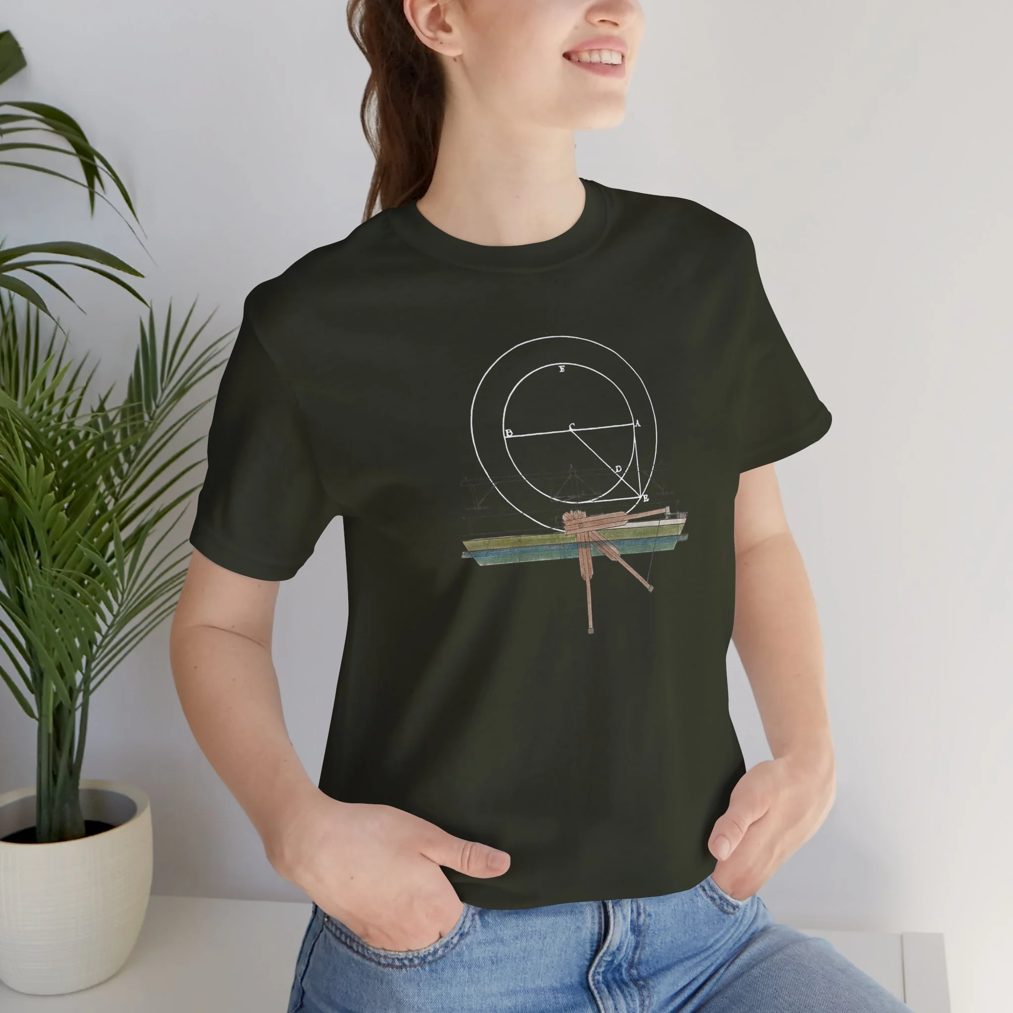 female model wearing geometric blueprint dark olive t-shirt