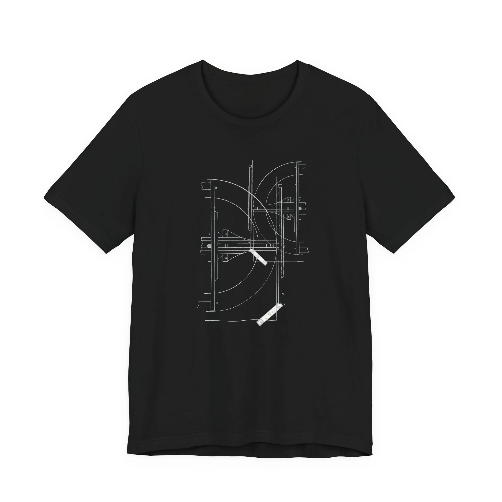 Black t-shirt featuring minimalist white architectural blueprint line art