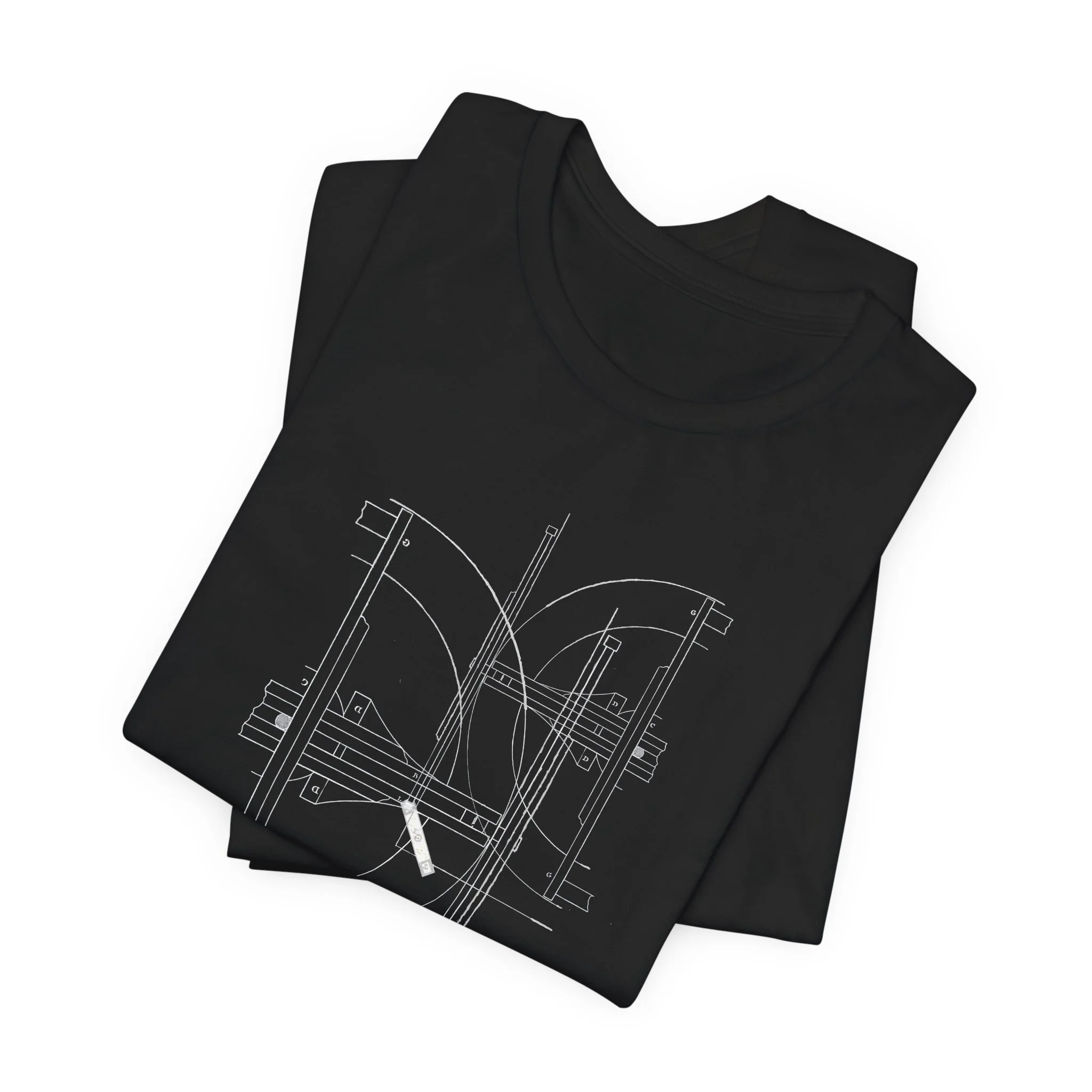 Folded black t-shirt featuring minimalist white architectural blueprint line art