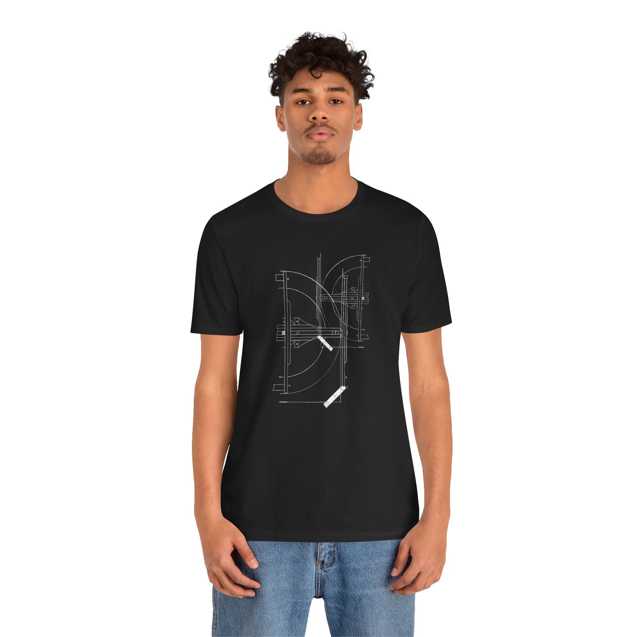 Black t-shirt featuring minimalist white architectural blueprint line art