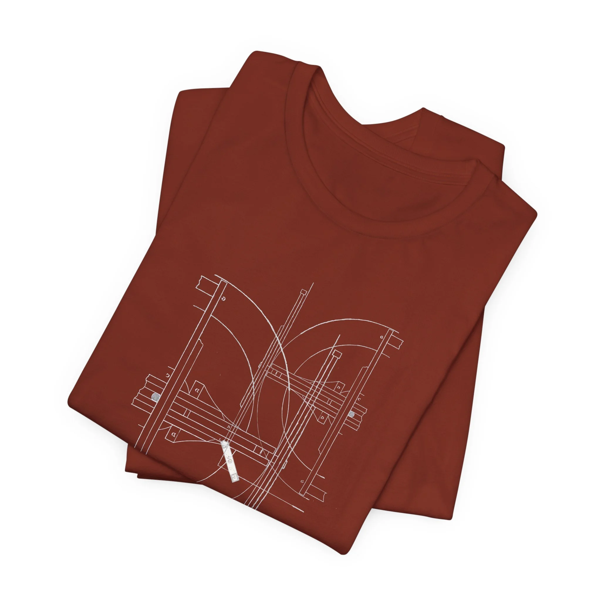 Rust color t-shirt with minimalist architectural line art print