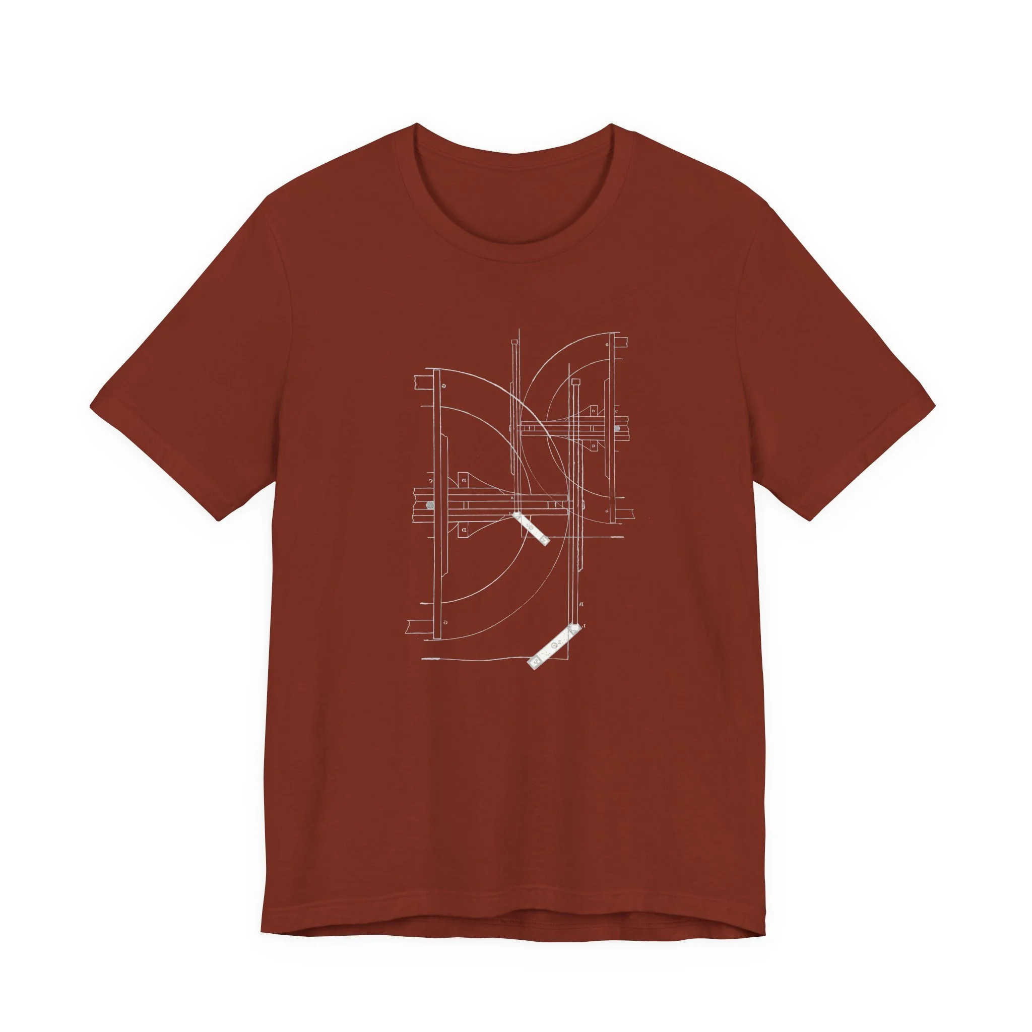 Rust color t-shirt with minimalist architectural line art print